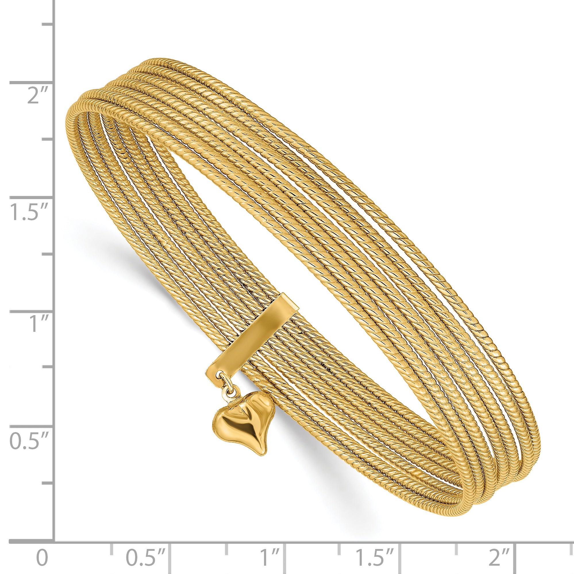 14K Oversize Polished and Textured with Dangle Heart 7-Strand 11.00mm Slip-on Round Bangle Bracelet