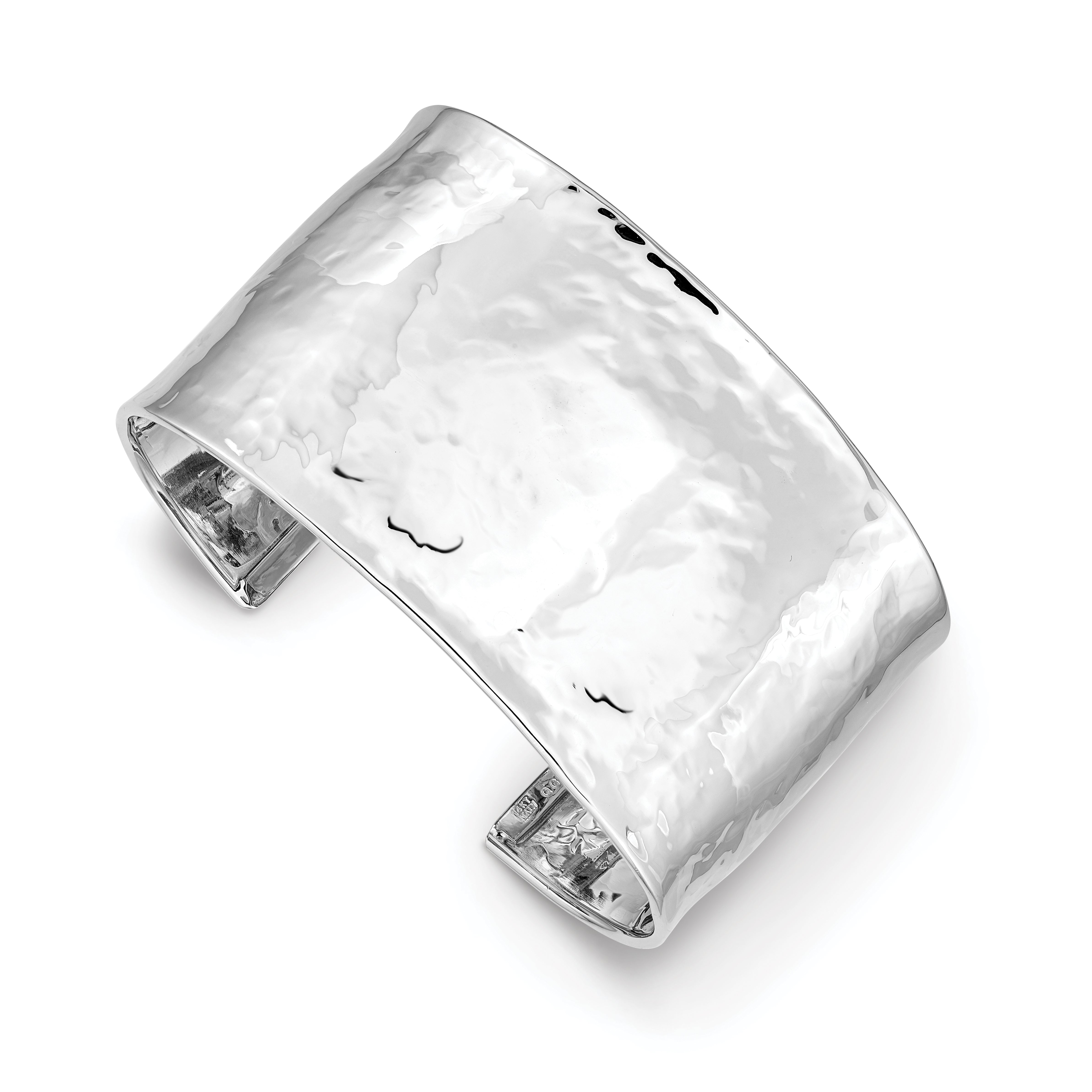 14k White Gold 37mm Hammered Polished Cuff Bangle Bracelet