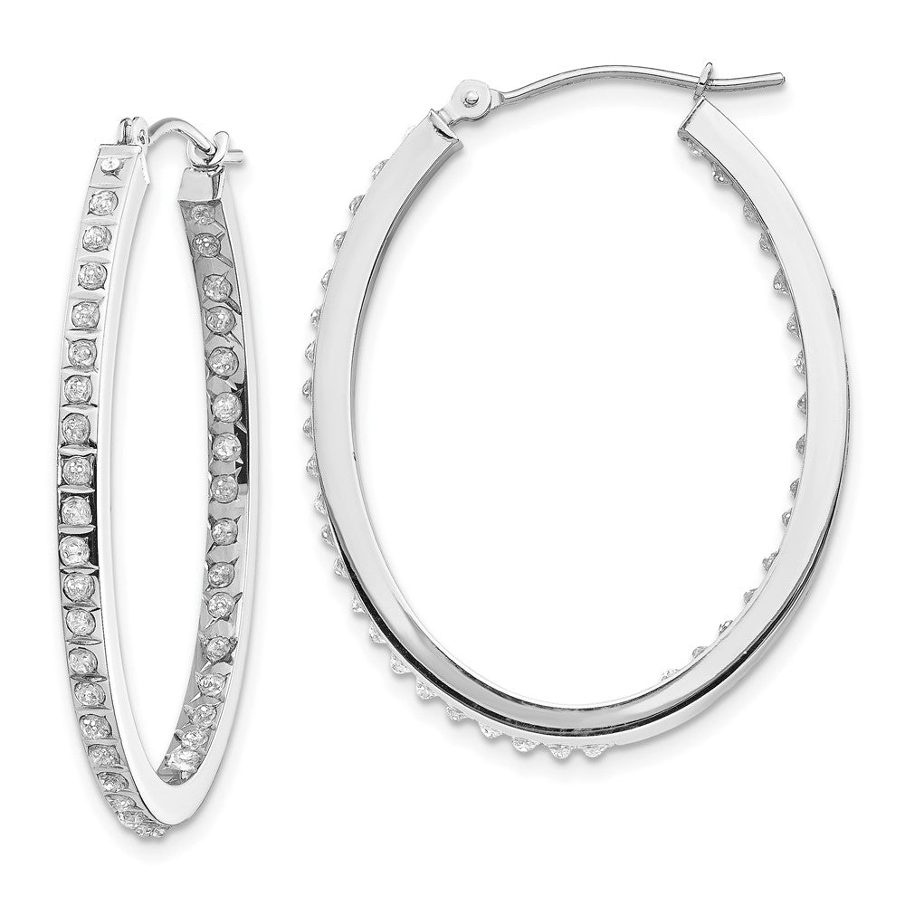 14k White Gold Diamond Fascination Oval Hinged Hoop Earrings