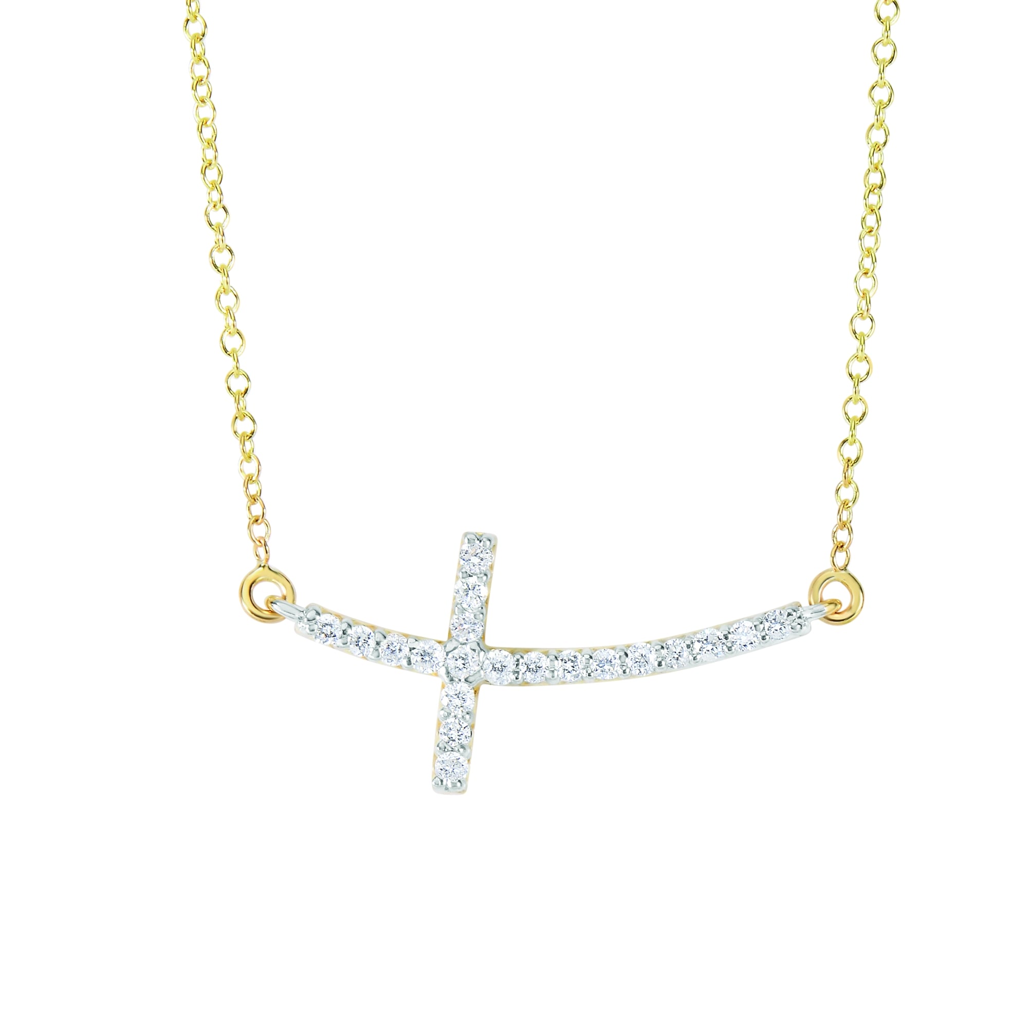 14K Yellow Gold 18" .22ct Diamond Side Cross Necklace
