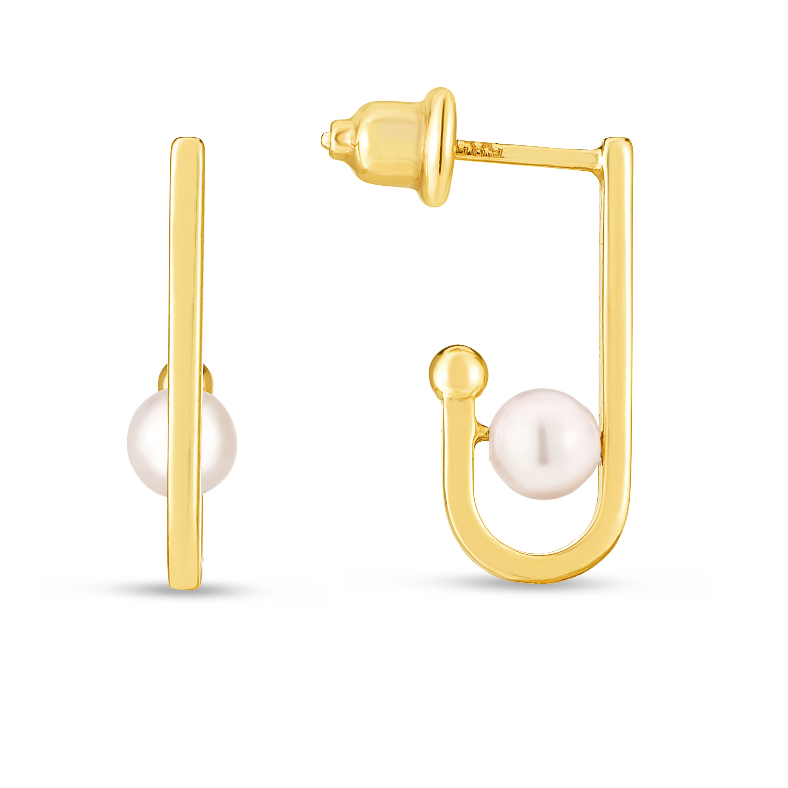 14K Yellow Gold Drop J-Hoop Earring with 4mm Pearl and Push Back Clasp