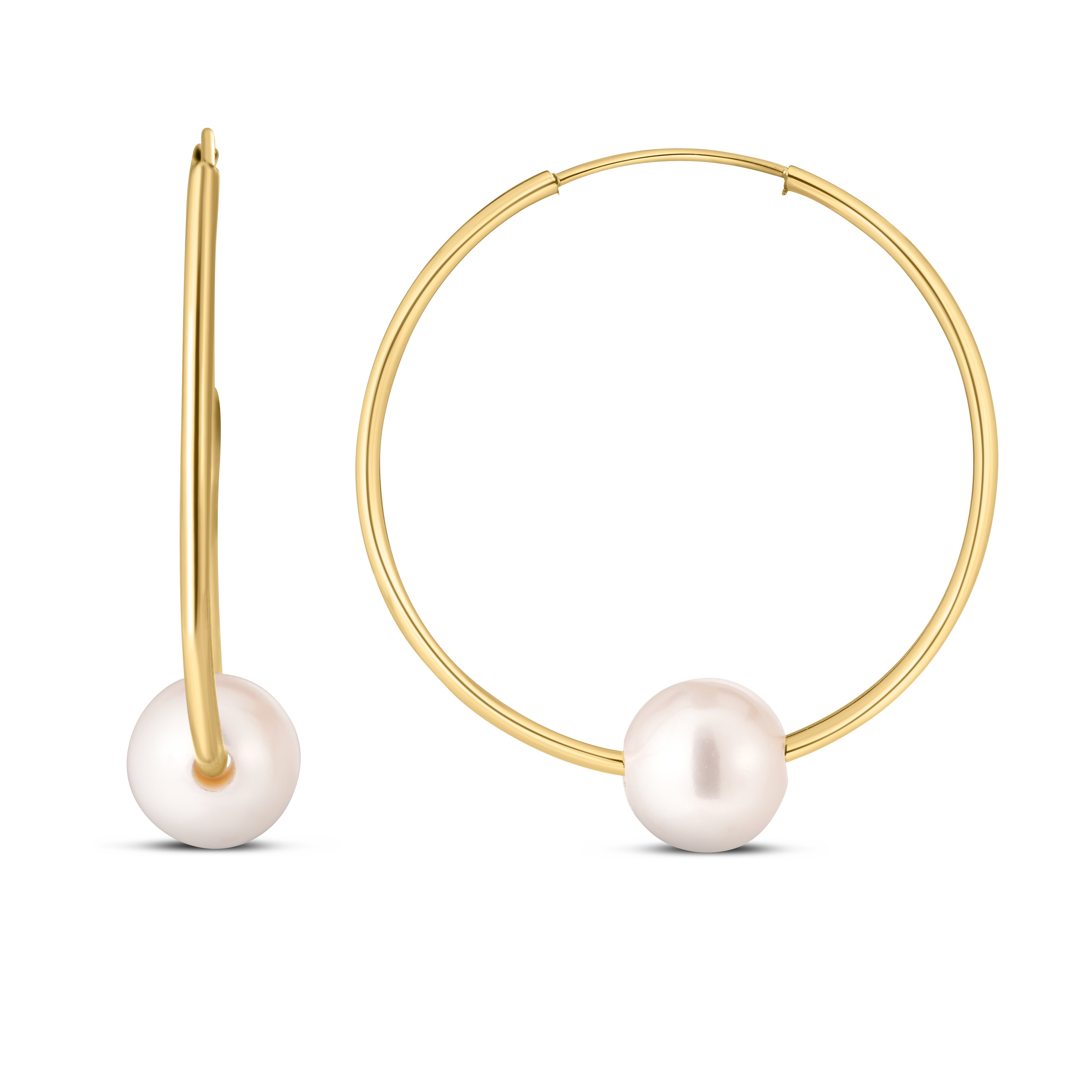 14K Yellow Gold Round Endless Hoop Earring with 6-7mm Pearl