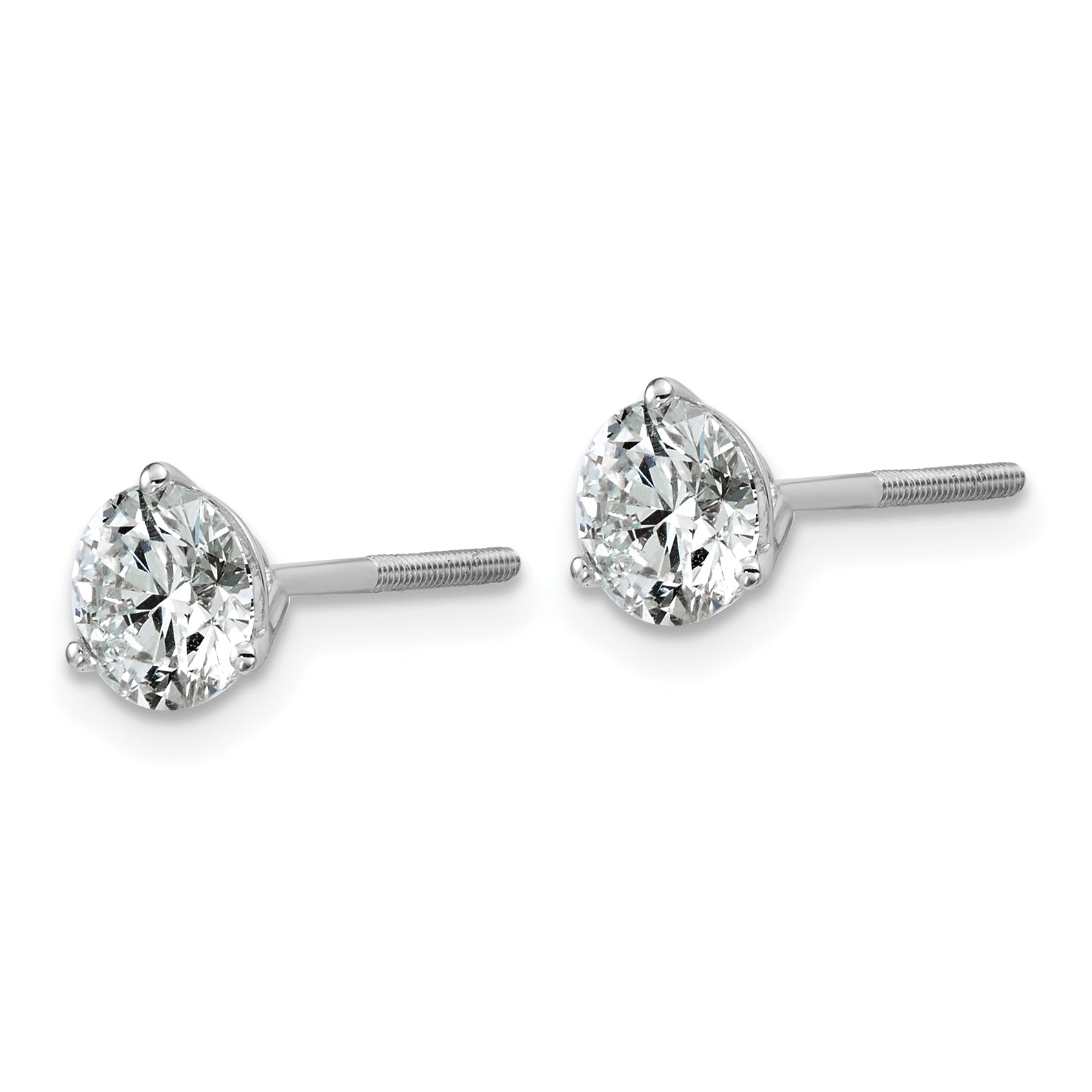 14K White Gold 1 1/2 Carat Total Weight Round Certified Vs/Si Gh Lab Grown Diamond Screw Back 3 Prong Stud Post Earrings