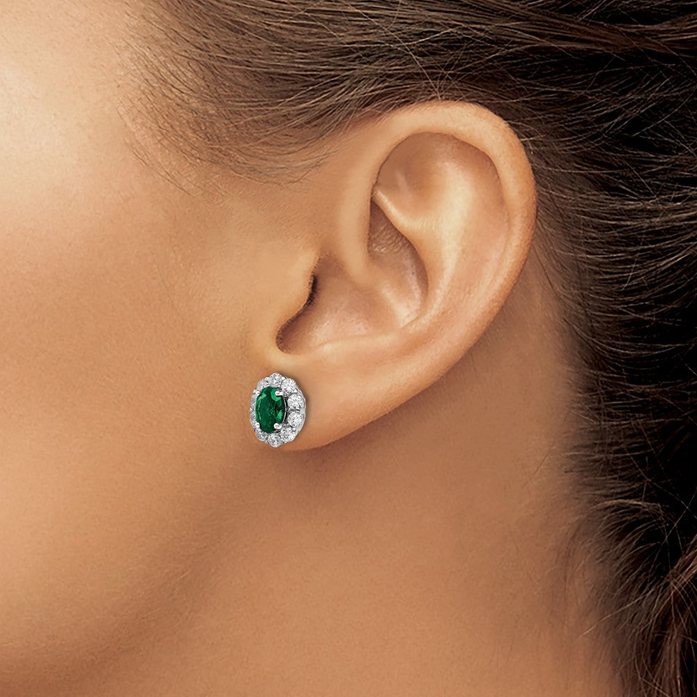 14K White Gold Lab Grown VS/SI FGH Dia and Oval Created EmeraldFashion Earr