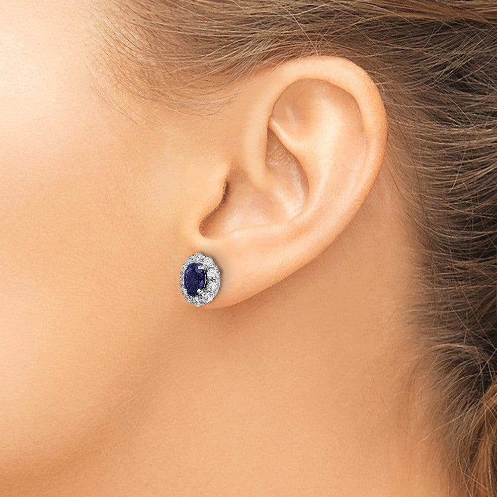 14K White Gold Lab Grown VS/SI FGH Dia and Cr Oval Blue Sapphire Fashion Ea
