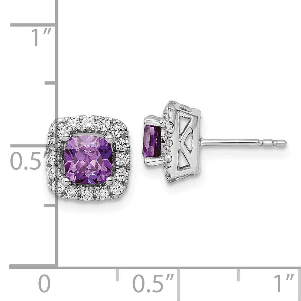 14K White Gold Lab Grown Vs/Si Fgh Dia And Amethyst Halo Post Earrings