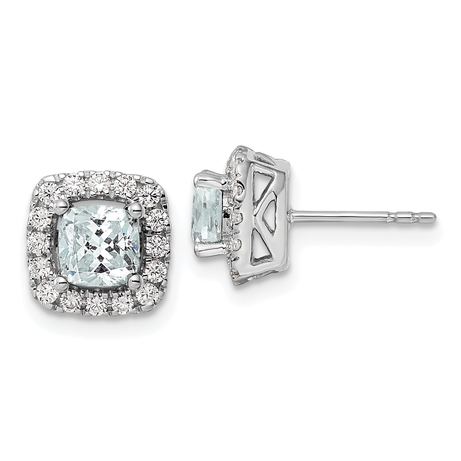 14K White Gold Lab Grown Vs/Si Fgh Dia And Aquamarine Halo Post Earrings