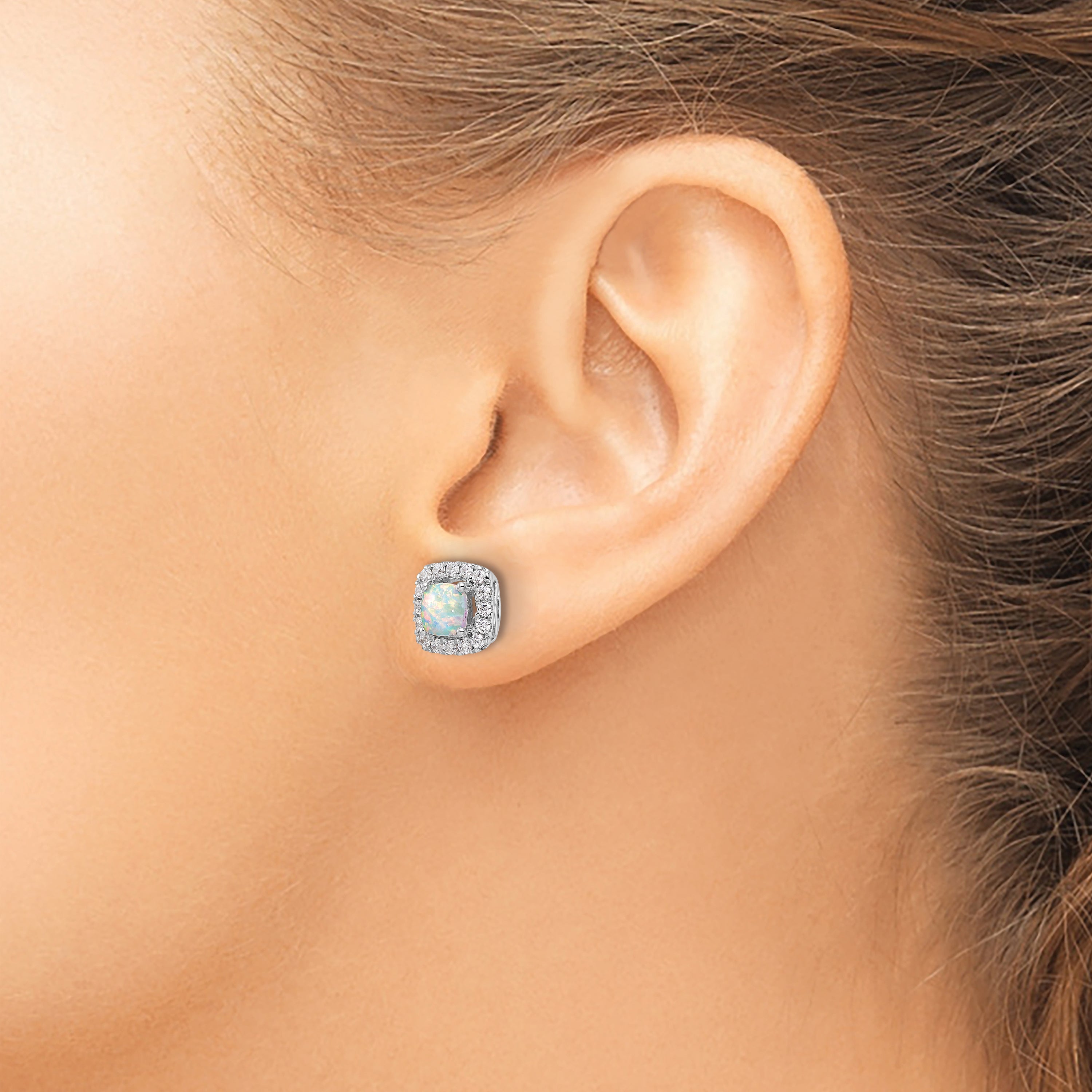 14K White Gold Lab Grown Vs/Si Fgh Dia And Opal Halo Post Earrings