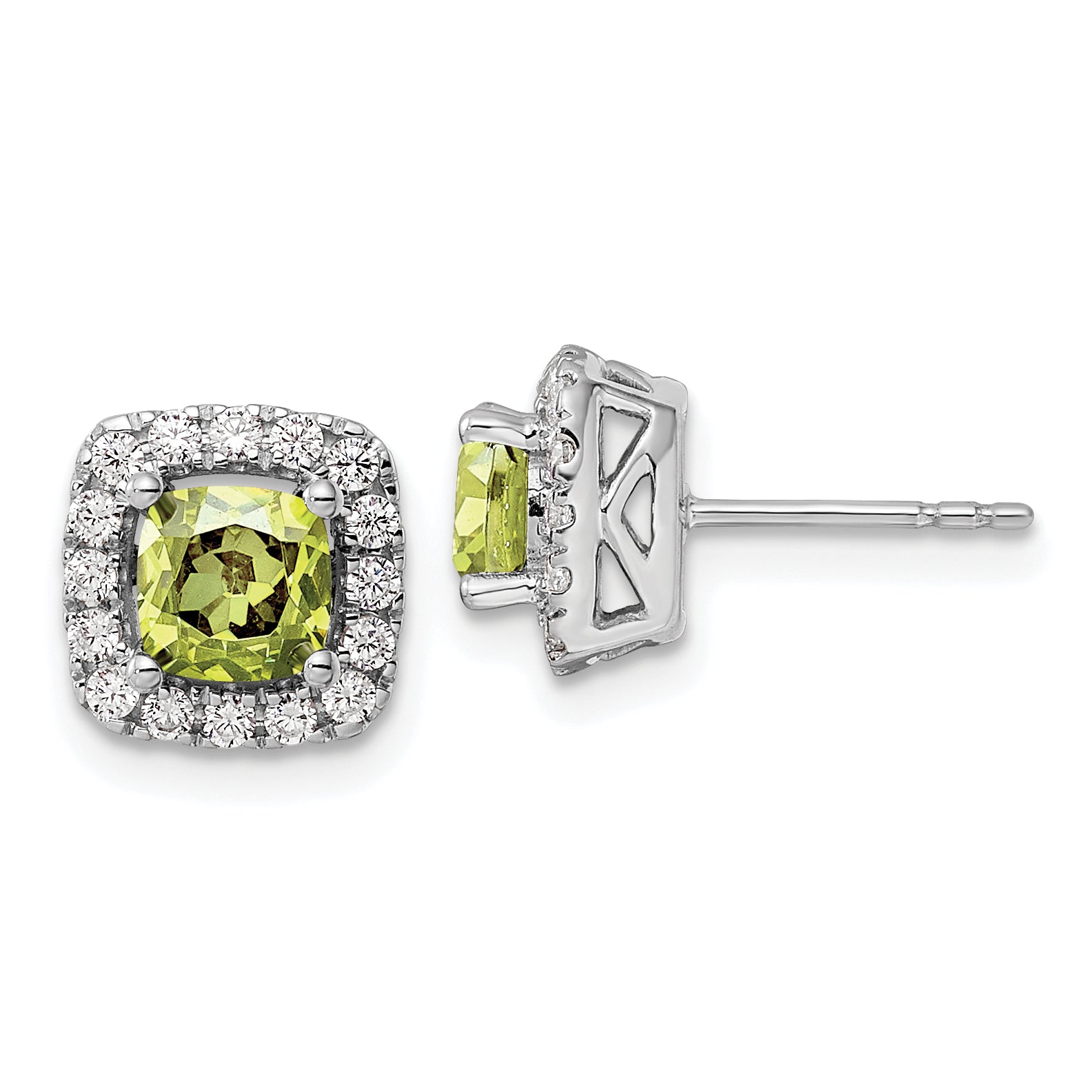 14K White Gold Lab Grown Vs/Si Fgh Dia And Peridot Halo Post Earrings