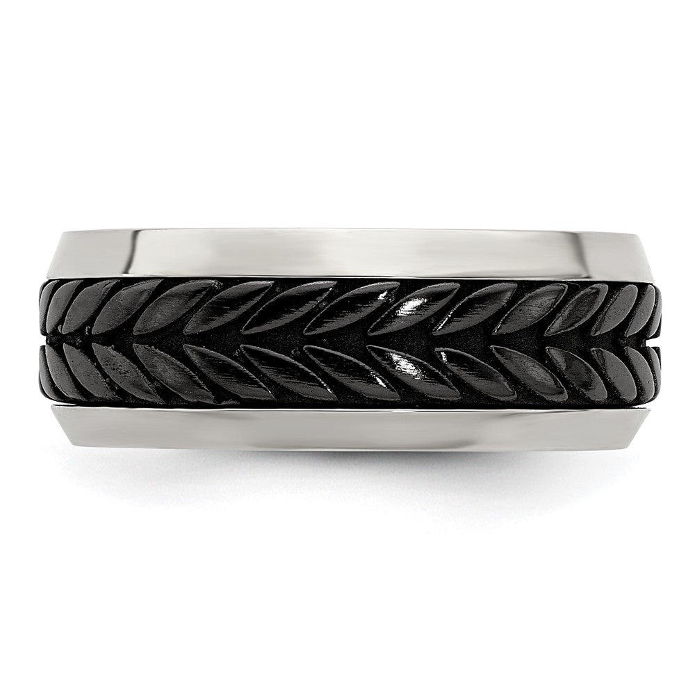Edward Mirell Stainless Steel and Black Ti Rope Design Beveled Casted 9mm Band