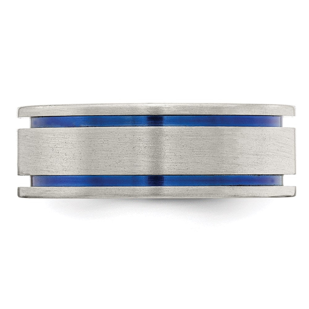 Edward Mirell Titanium Brushed with Blue Anodized Double Groove Flat 8mm Band