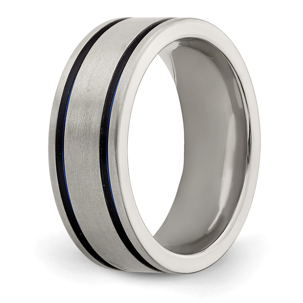Edward Mirell Titanium Brushed with Blue Anodized Double Groove Flat 8mm Band