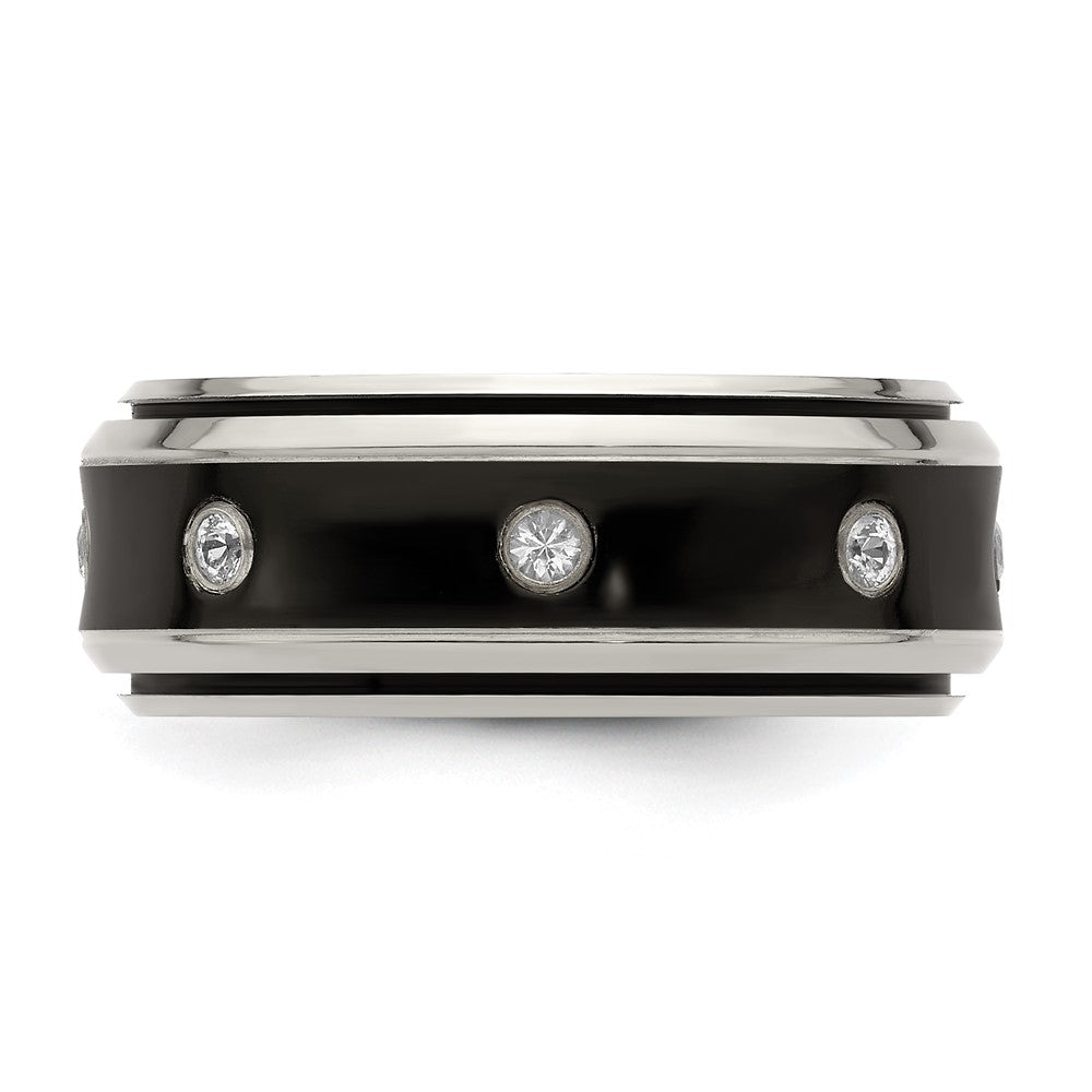 Edward Mirell Black Ti and Titanium Polished White Sapphire with Sterling Silver Bezels 9mm Band