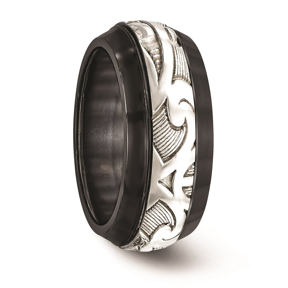 Edward Mirell Black Ti & Sterling Silver Inlay Polished Scroll Ring