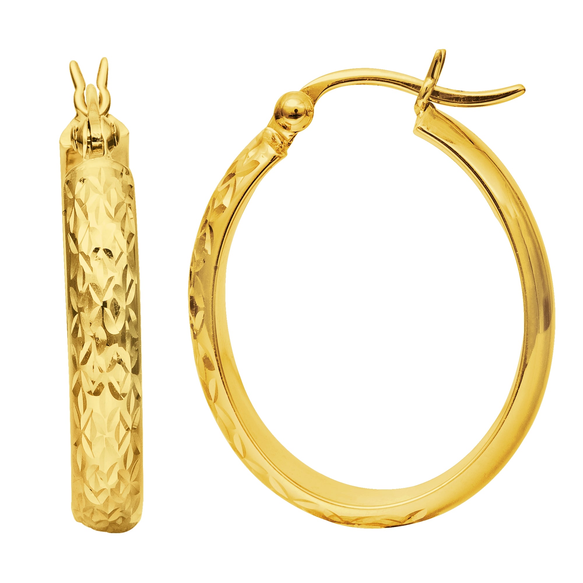 14K Yellow Gold Oval Diamond Cut Hoop Earring