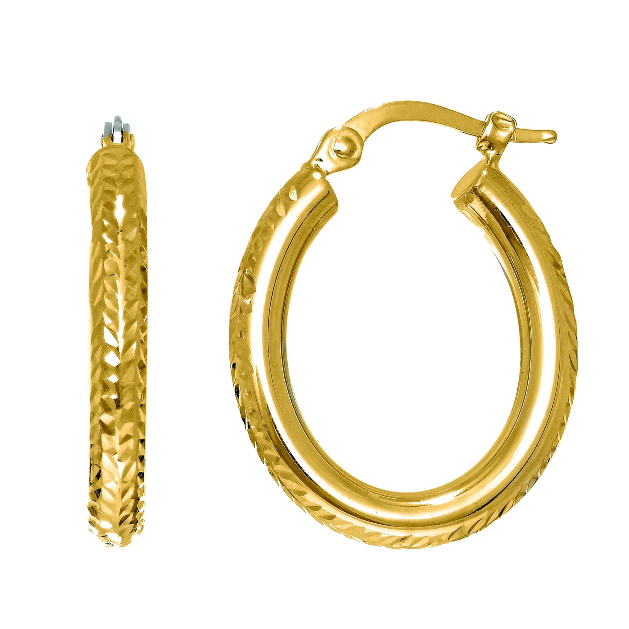14K Yellow Gold Oval Diamond Cut Hoop Earring
