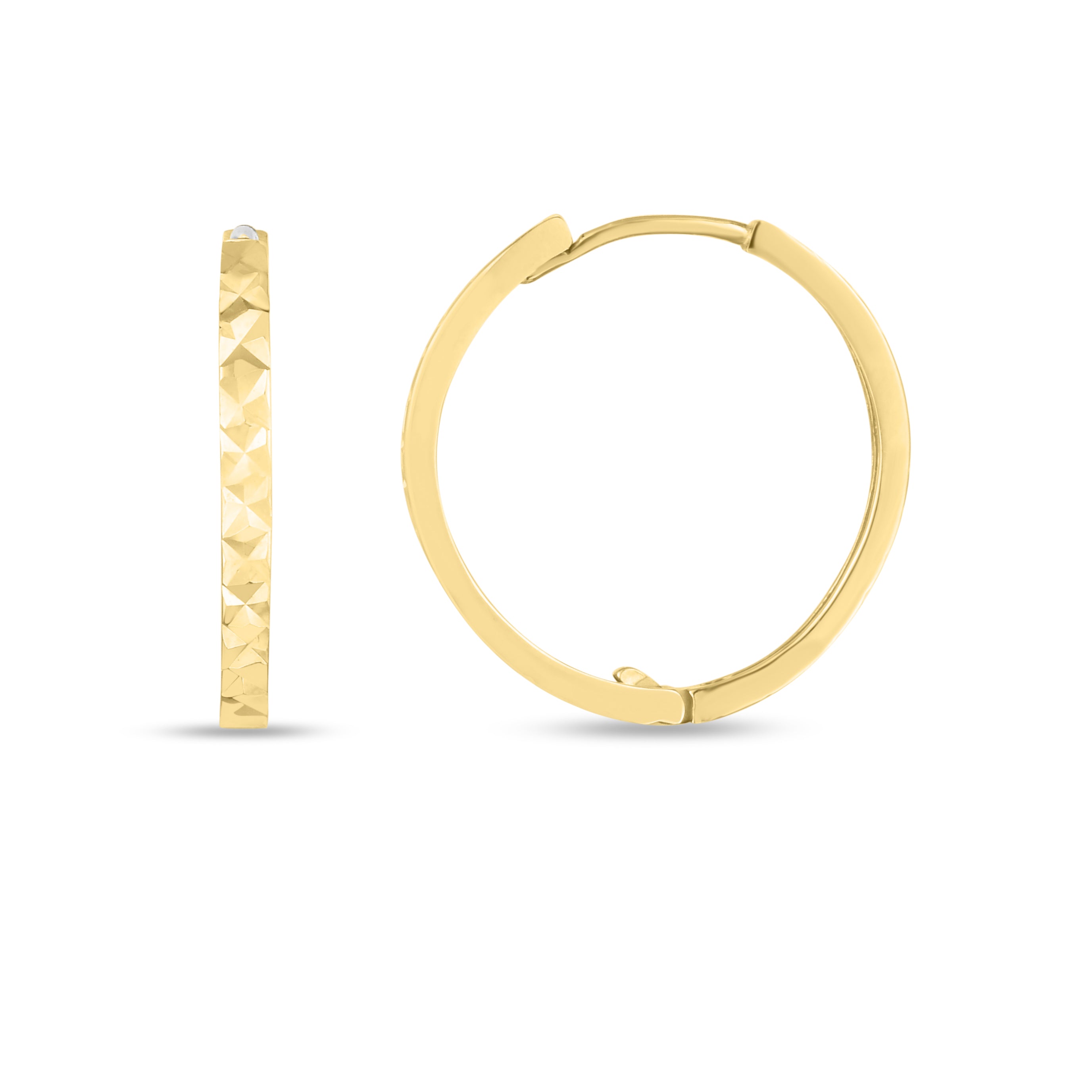 14K Yellow Gold Diamond Cut Round Huggie Hoops with Snap Clasp