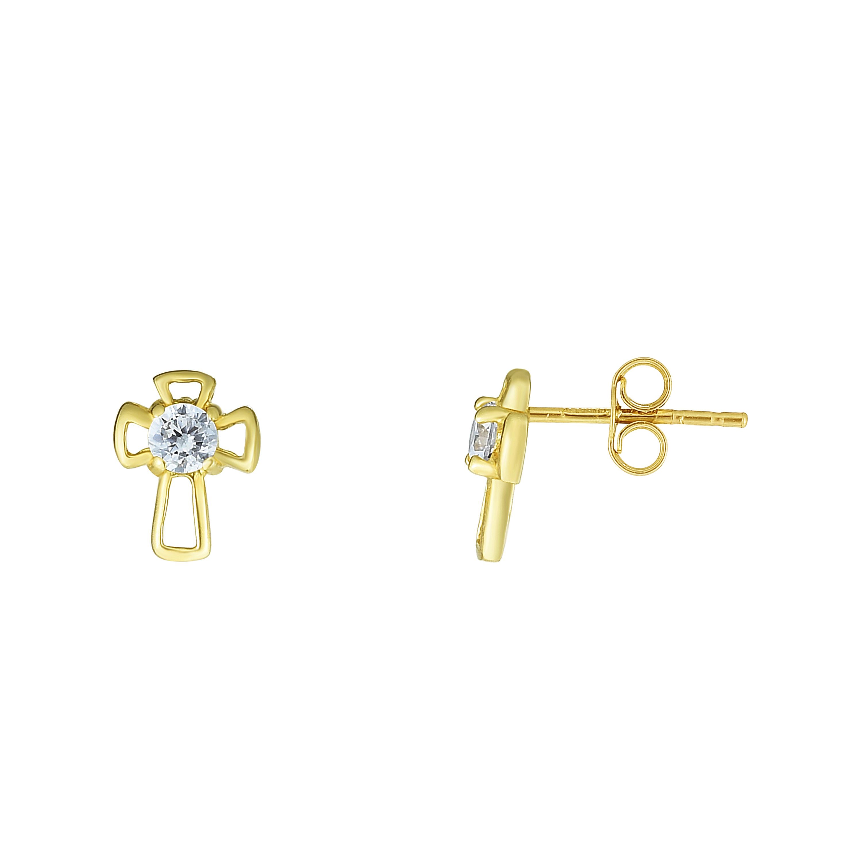 14K Yellow Gold Cz Cross Stud Earring