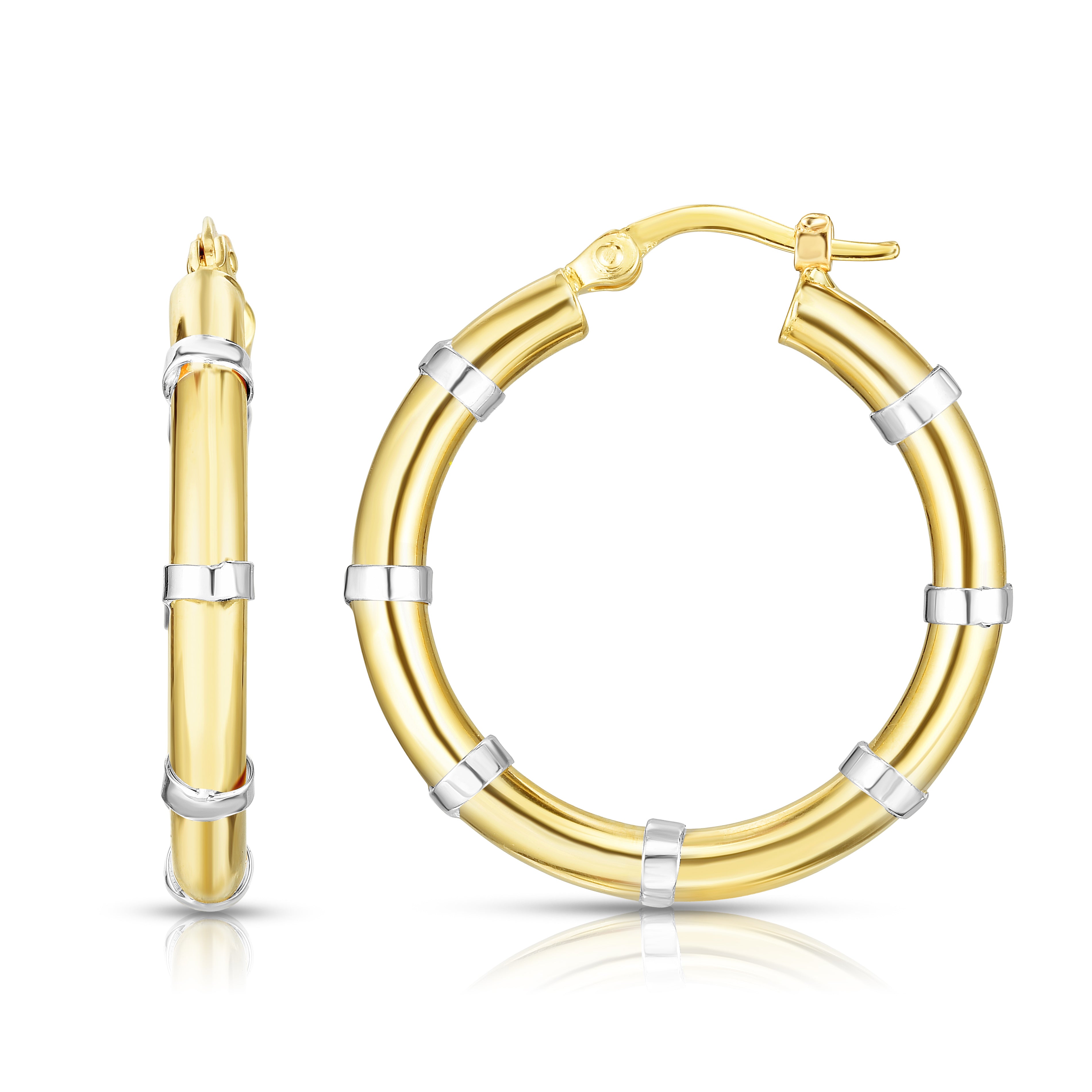 14K Yellow And White Gold Diamond Cut Station Hoop Earring