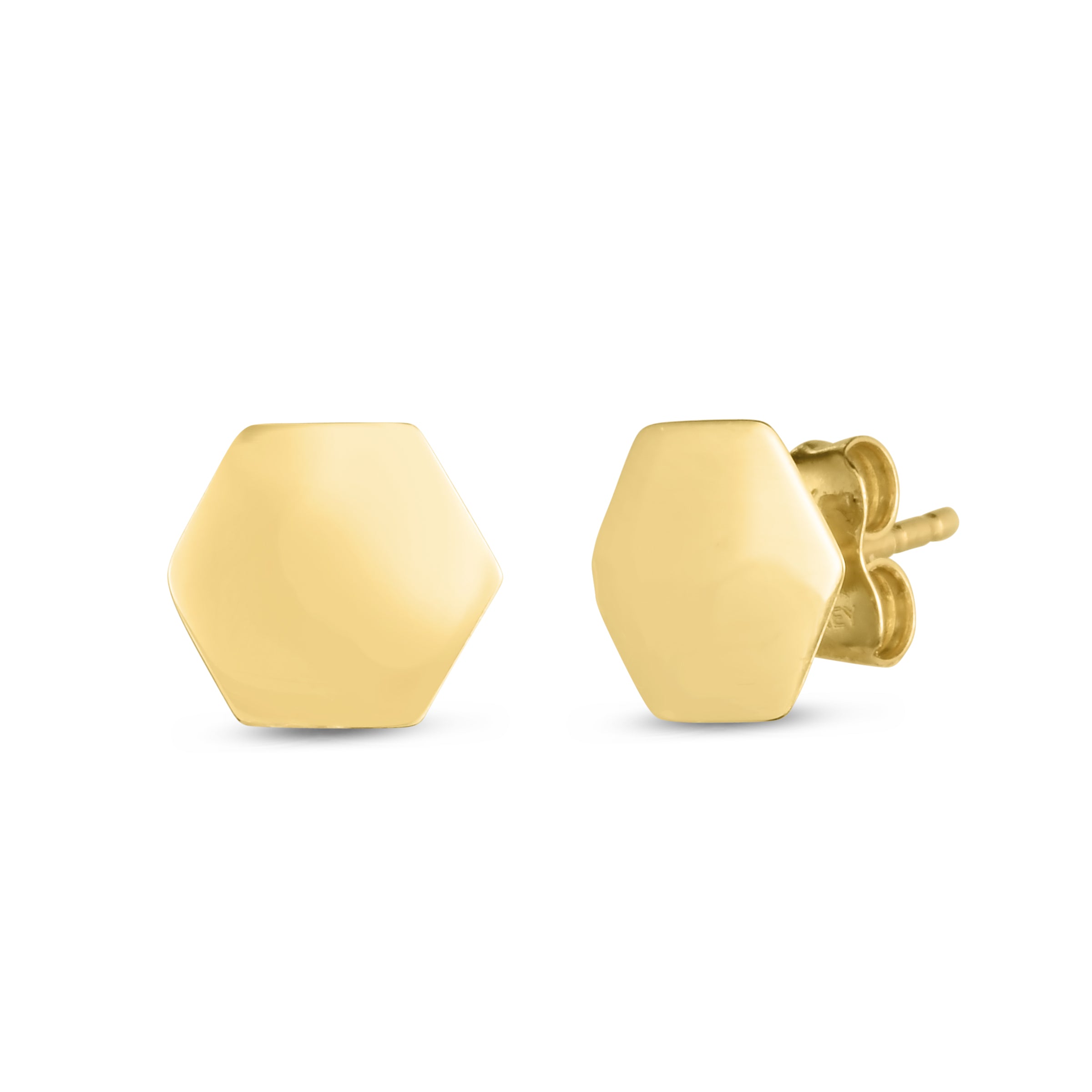 14K Yellow Gold Polished Hexagon Studs, with Post & Nut Back.