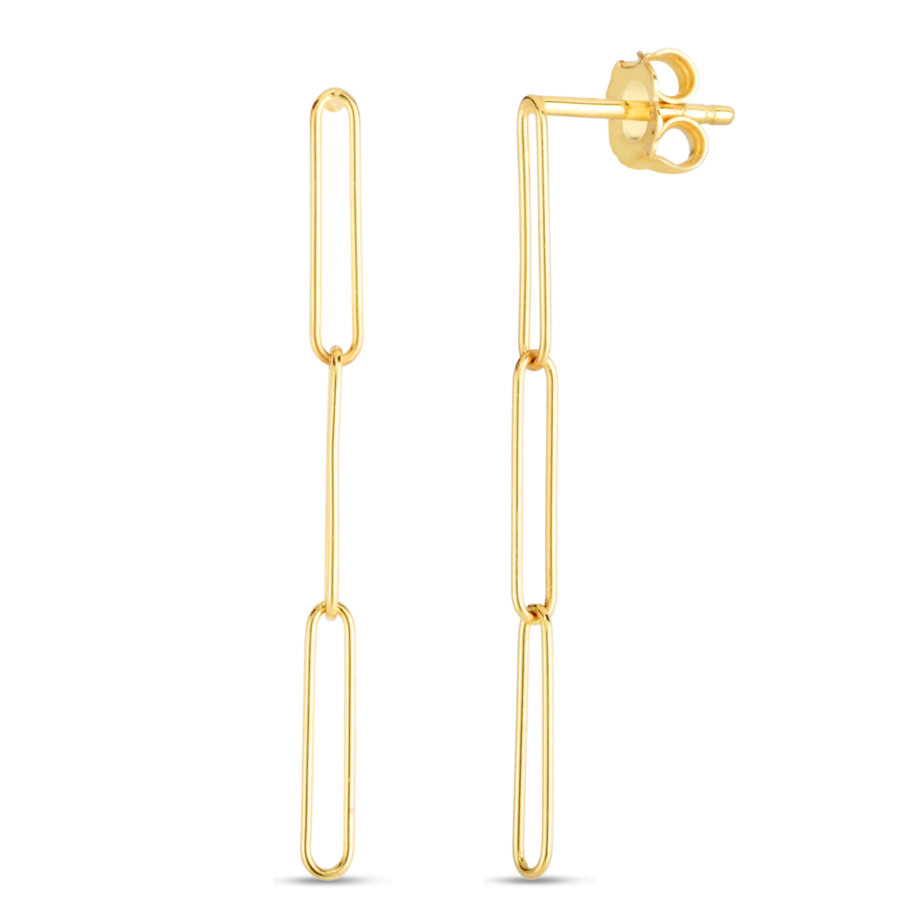 14K Yellow Gold Extra Long Lungo Paperclip Drop Earrings. One Link measures 2.7mm x 13.6mm.