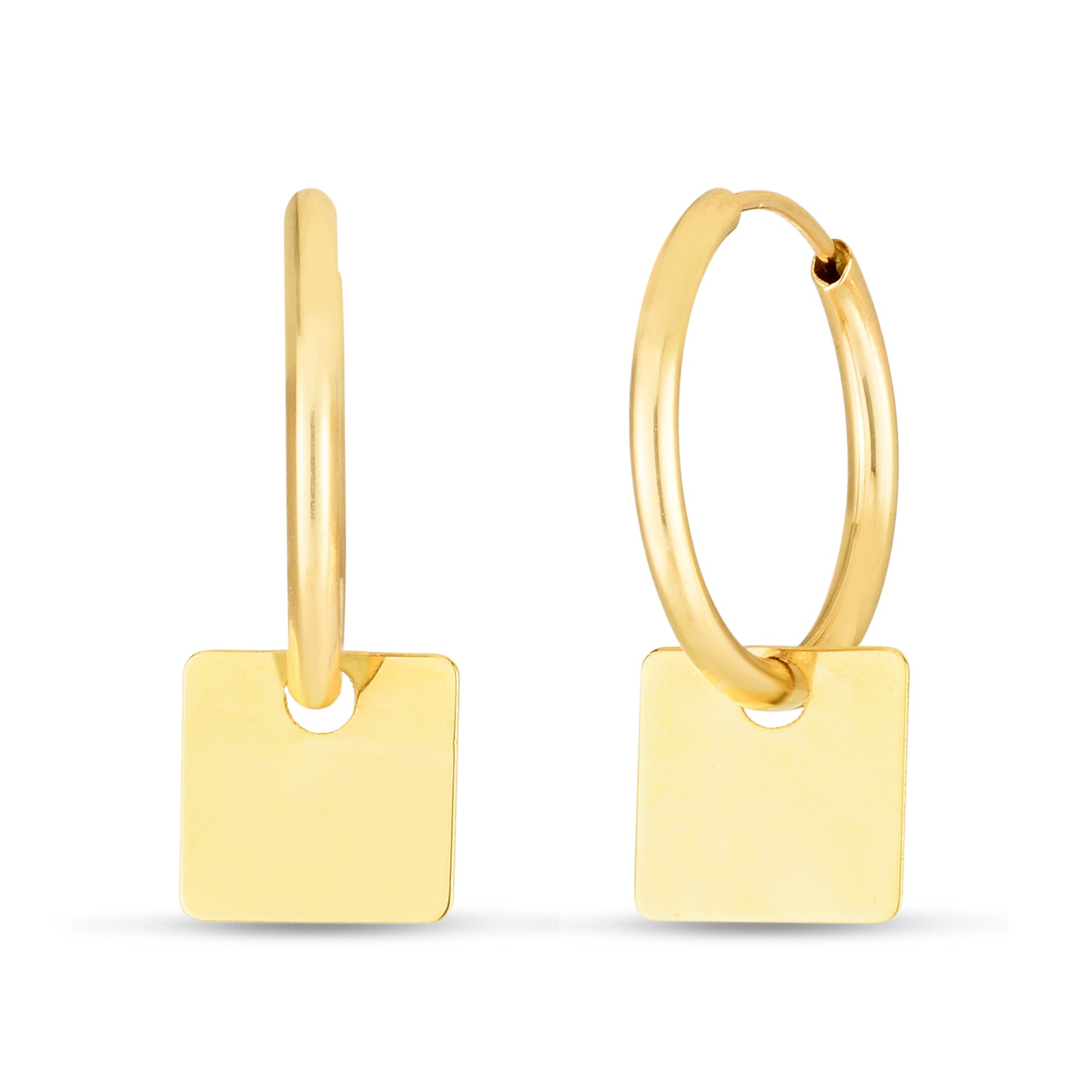 14K Yellow Gold Dangle Square Drop Element On Endless Huggie Hoop