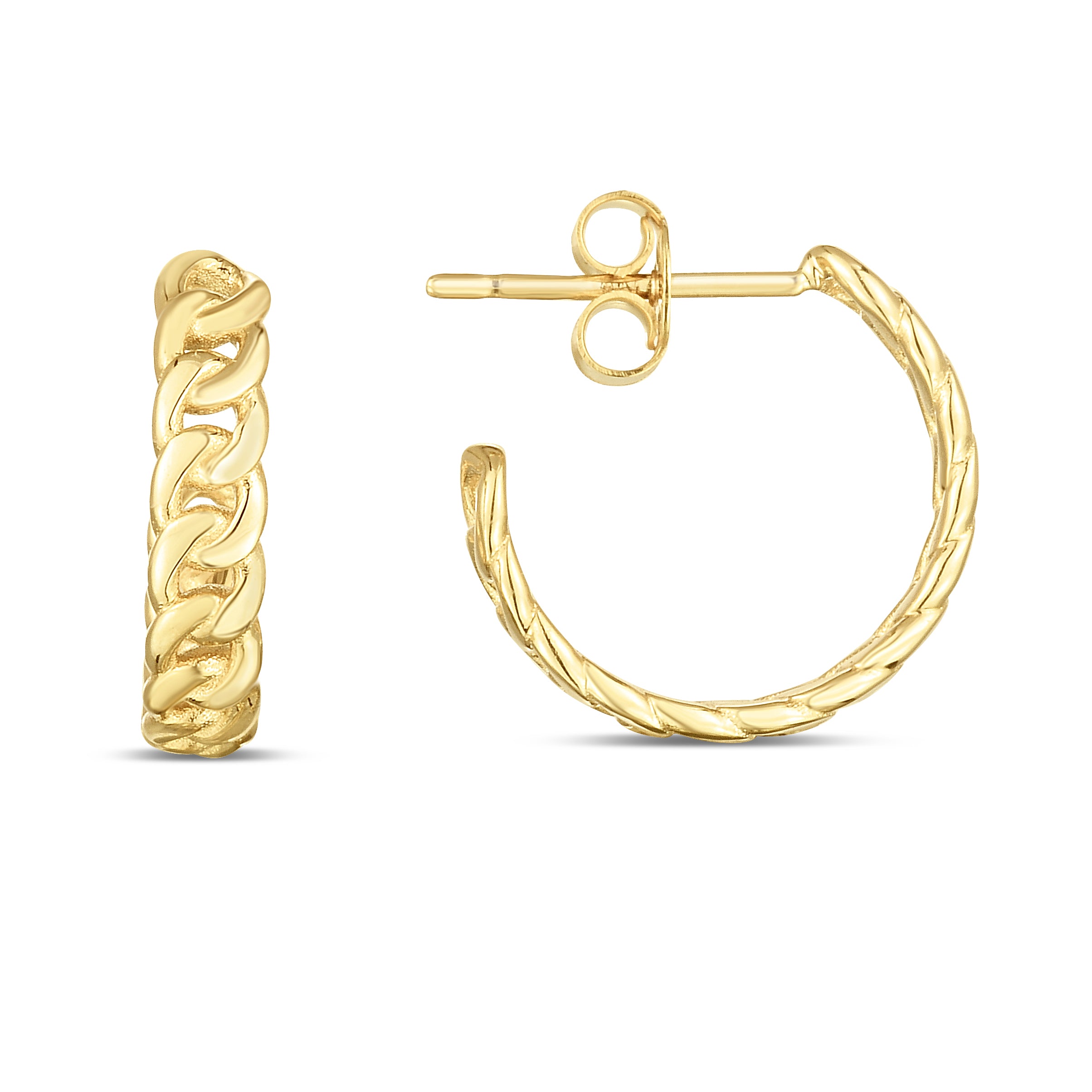 14K Yellow Gold Polished Curb Chain Hoops With Push Back Clasp