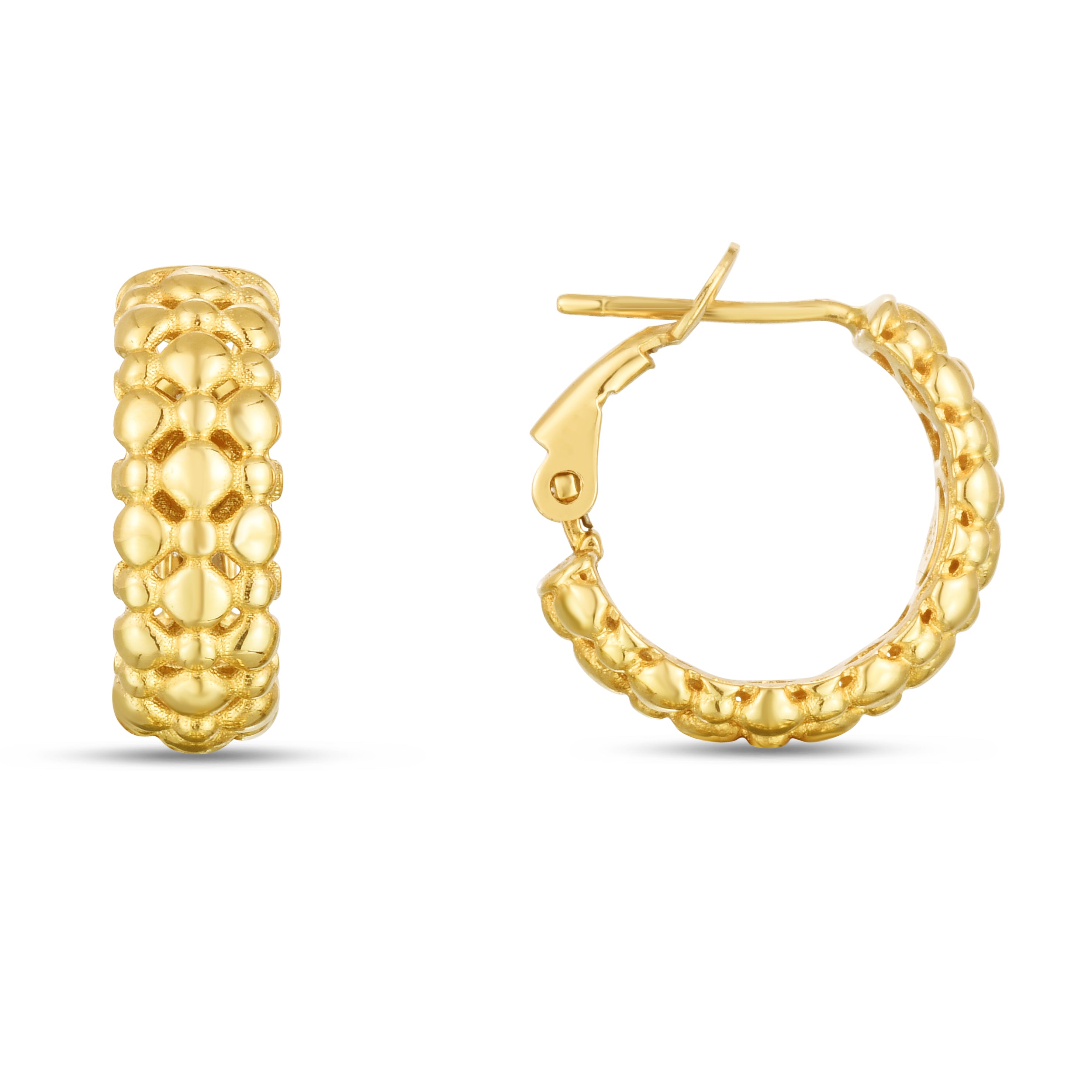 14K Yellow Gold Polished Puffed Textured Beads Hoops With Snap Clasp