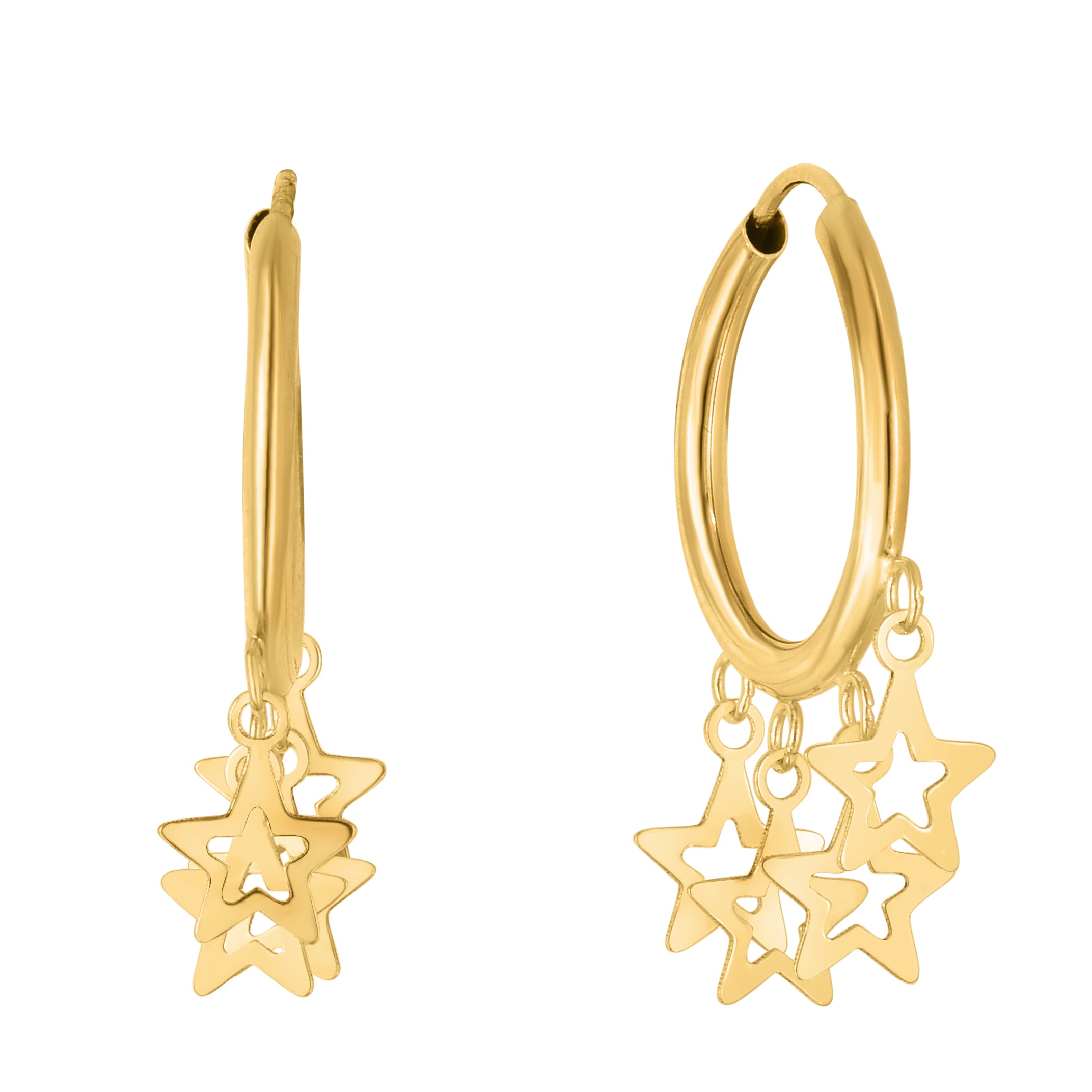 14K Yellow Gold Endless Huggie Hoop Earrings With Star Cutout Charms