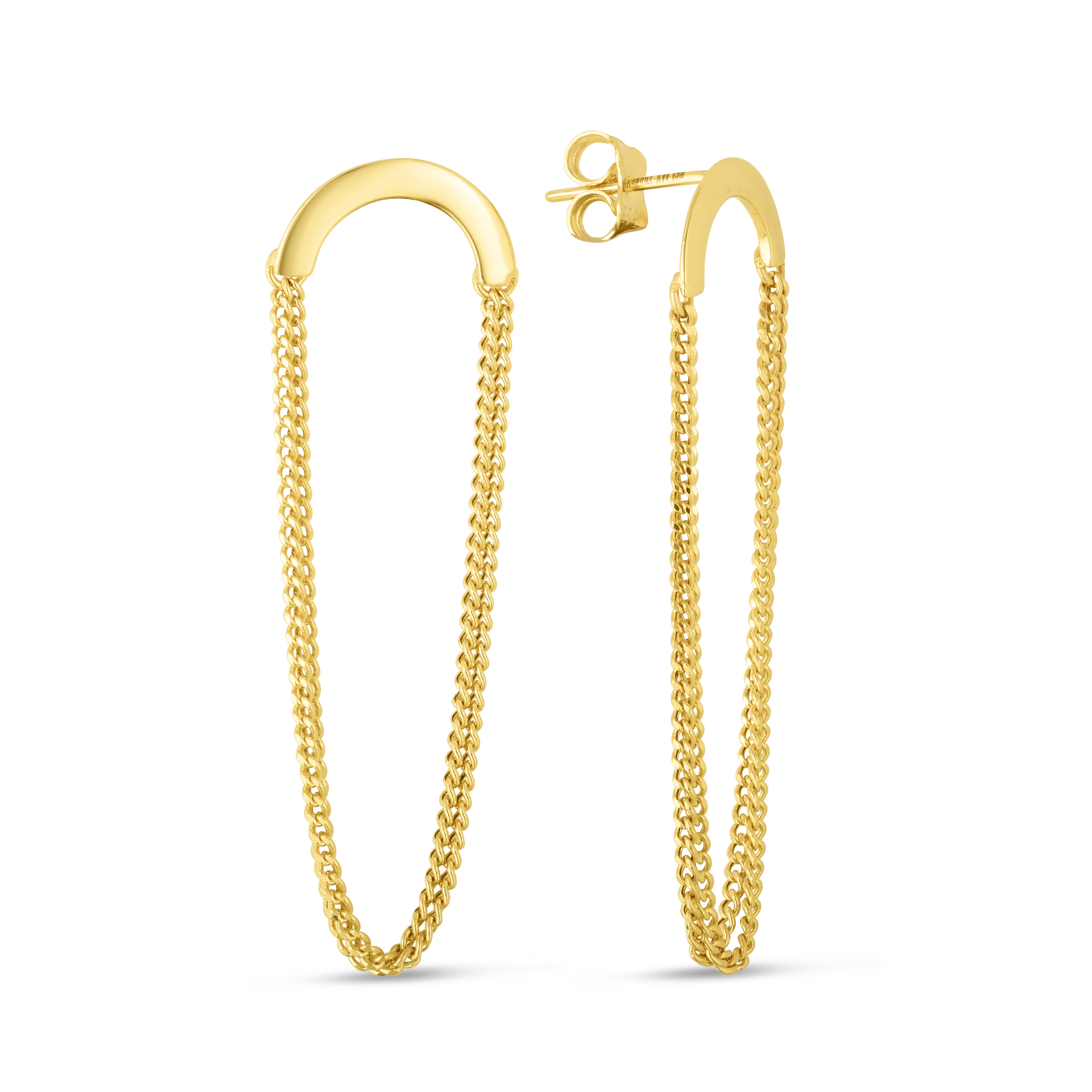 14K Yellow Gold Draped Chain Drop Screscent Earrings