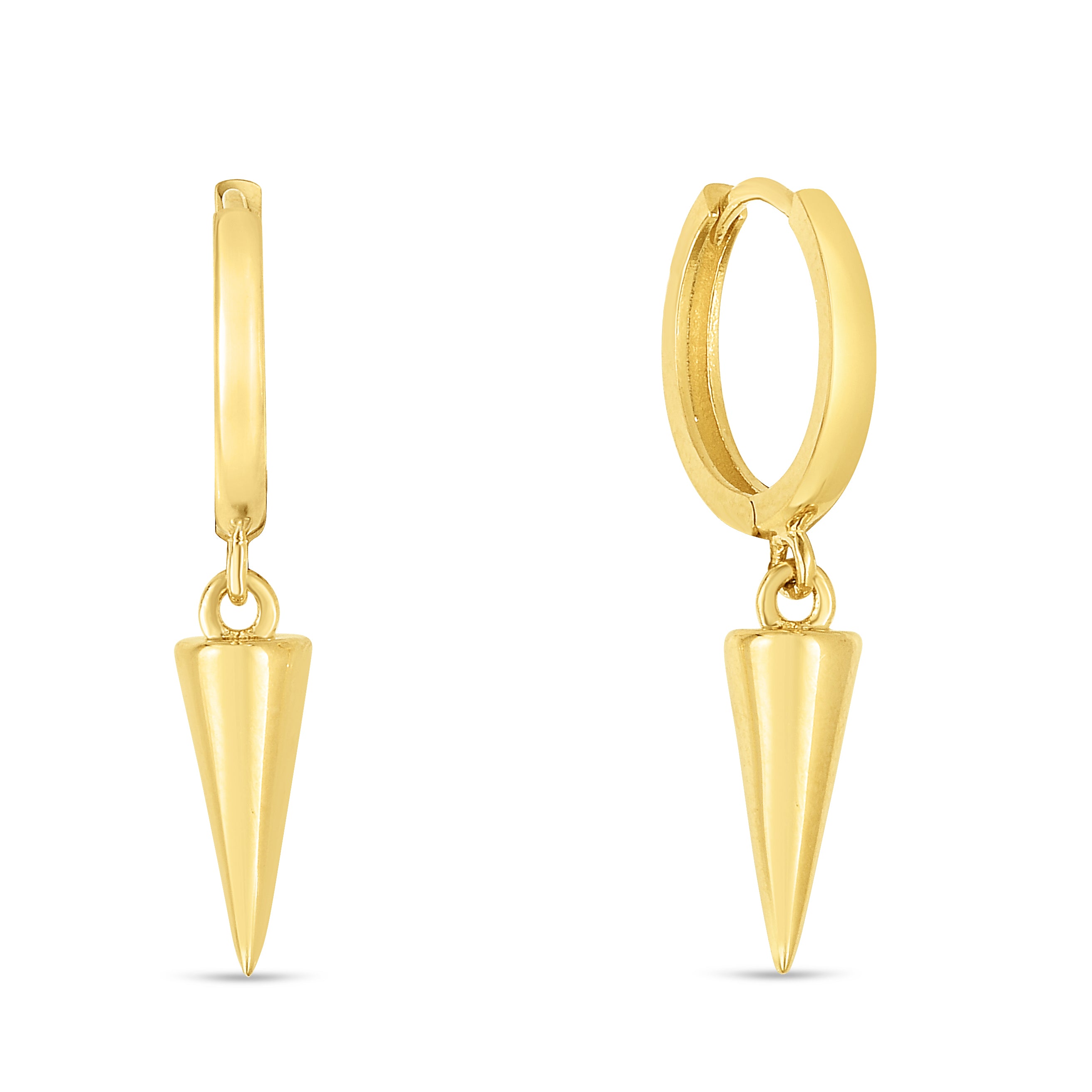 14K Yellow Gold Dangling Spike Drop Hoop Earrings