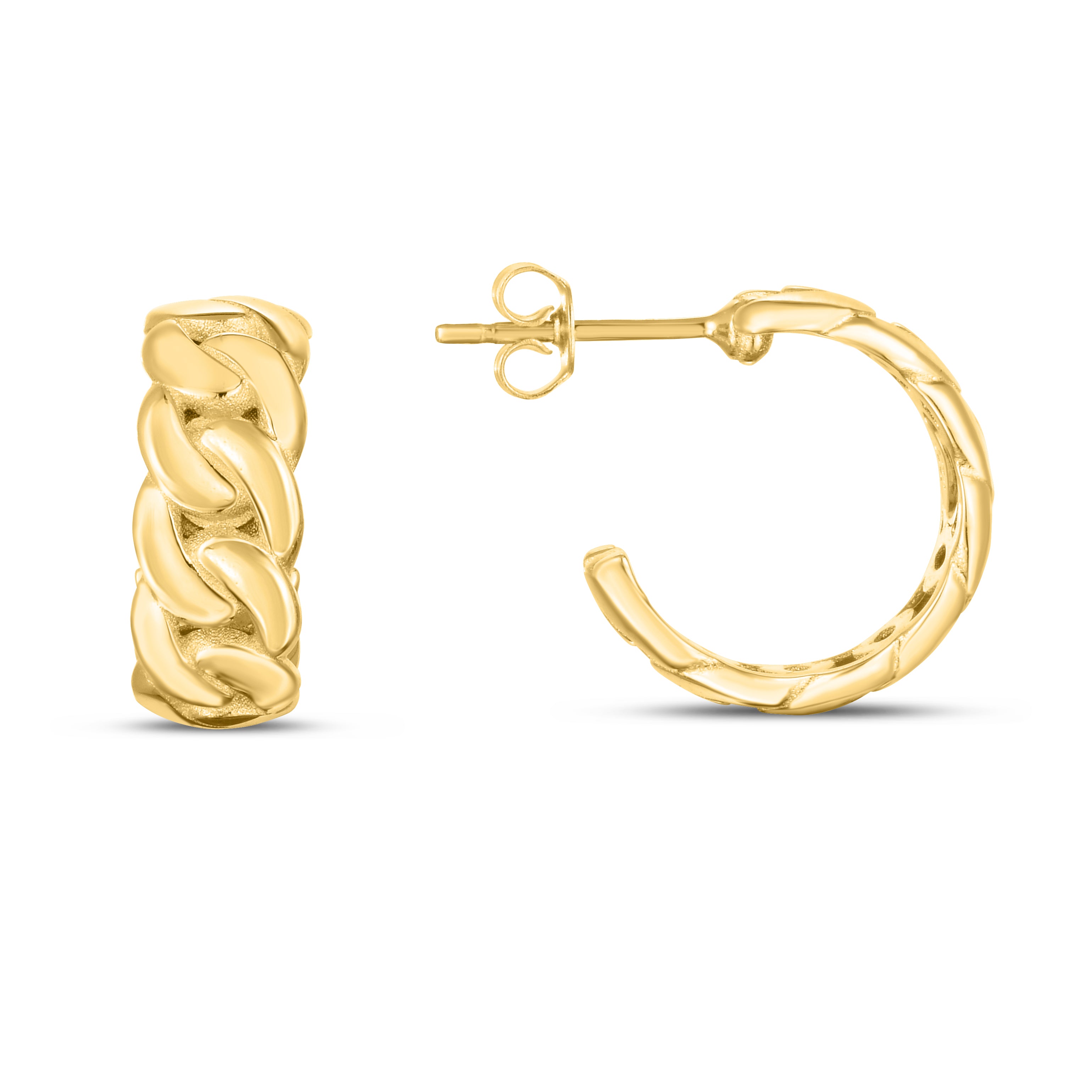 14K Yellow Gold Polished Chunky Curb Chain Hoops With Push Back Clasp