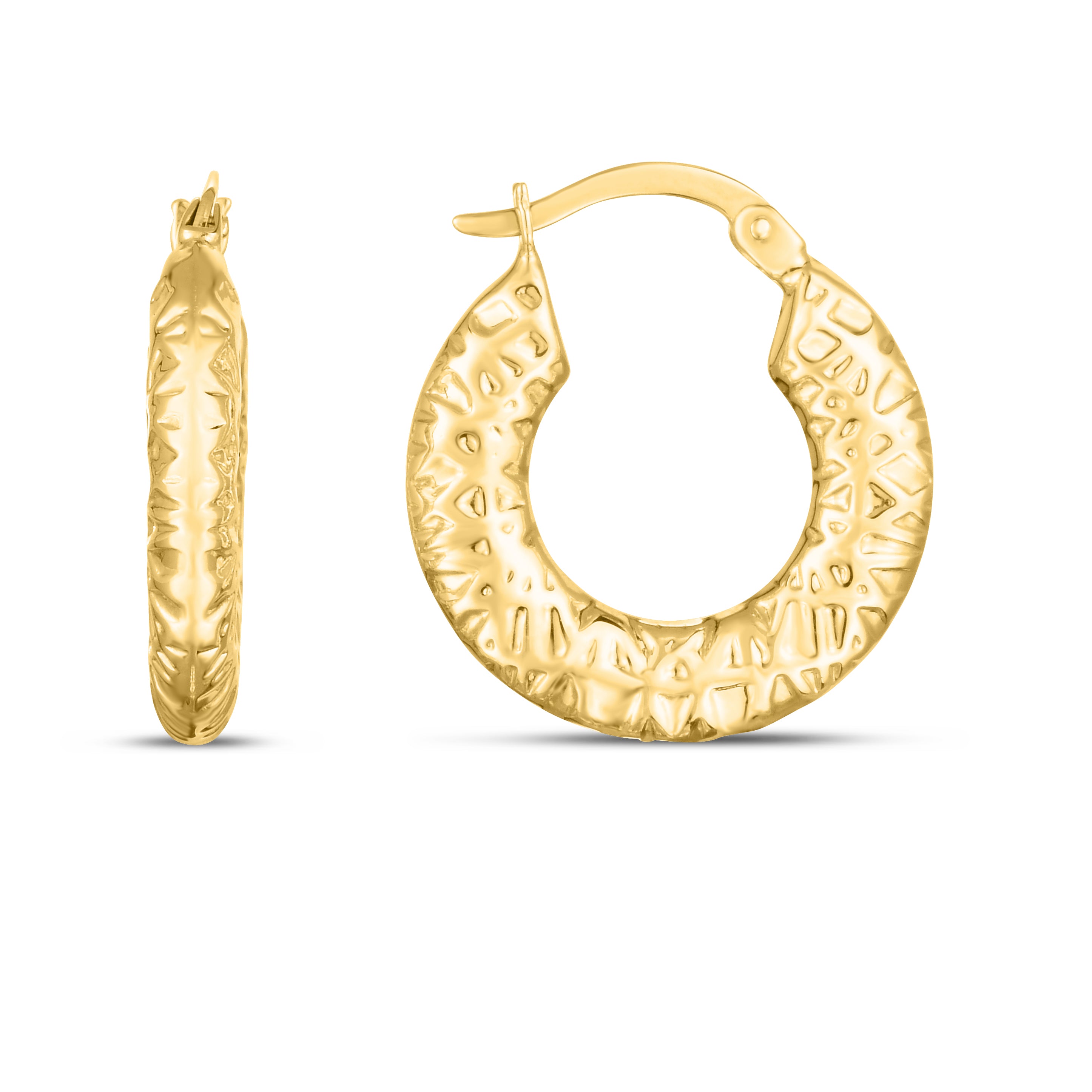 14K Yellow Gold Puffed Textured Hoops With Hinged Clasp