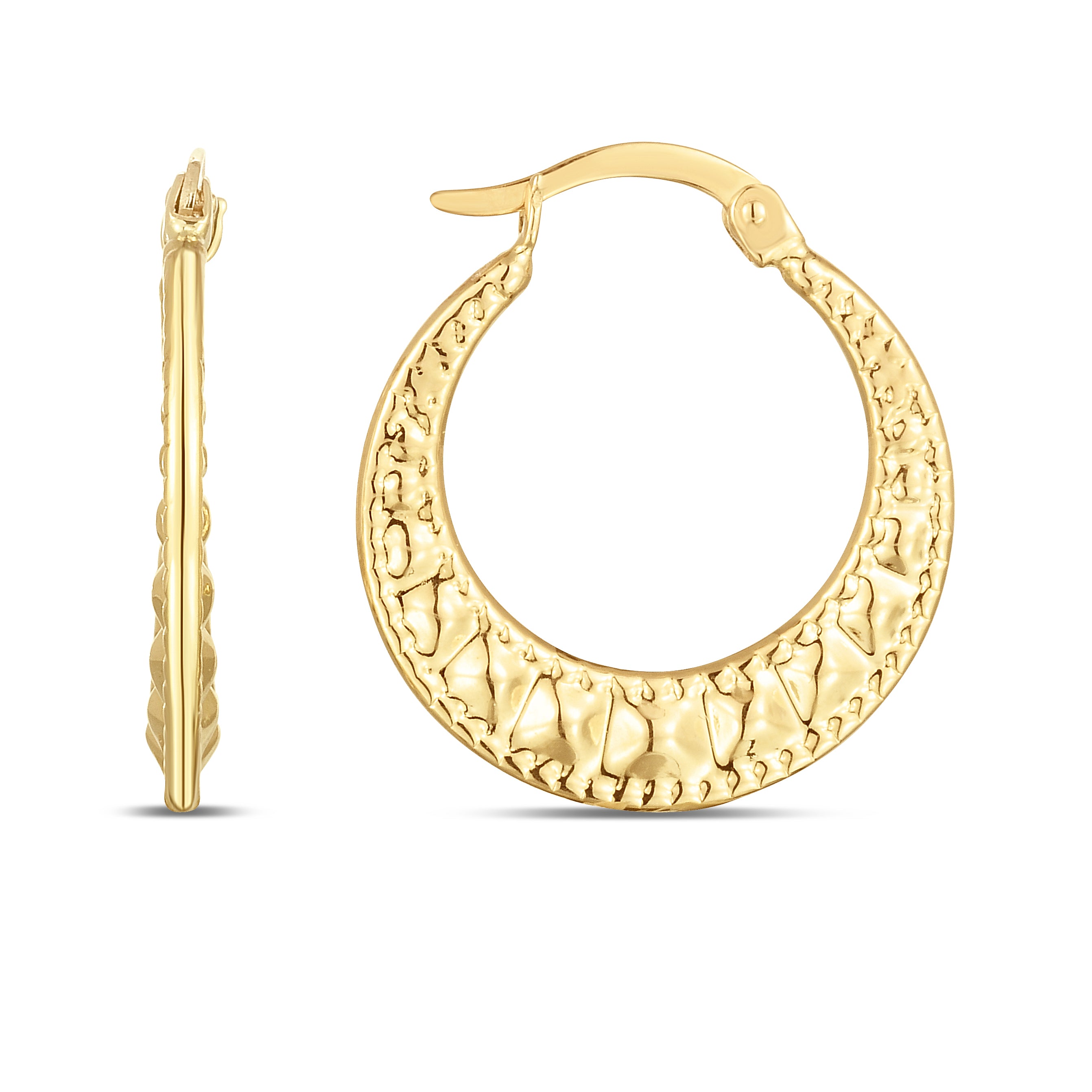 14K Yellow Gold Puffed Wavy Textured Hoops With Hunged Clasp
