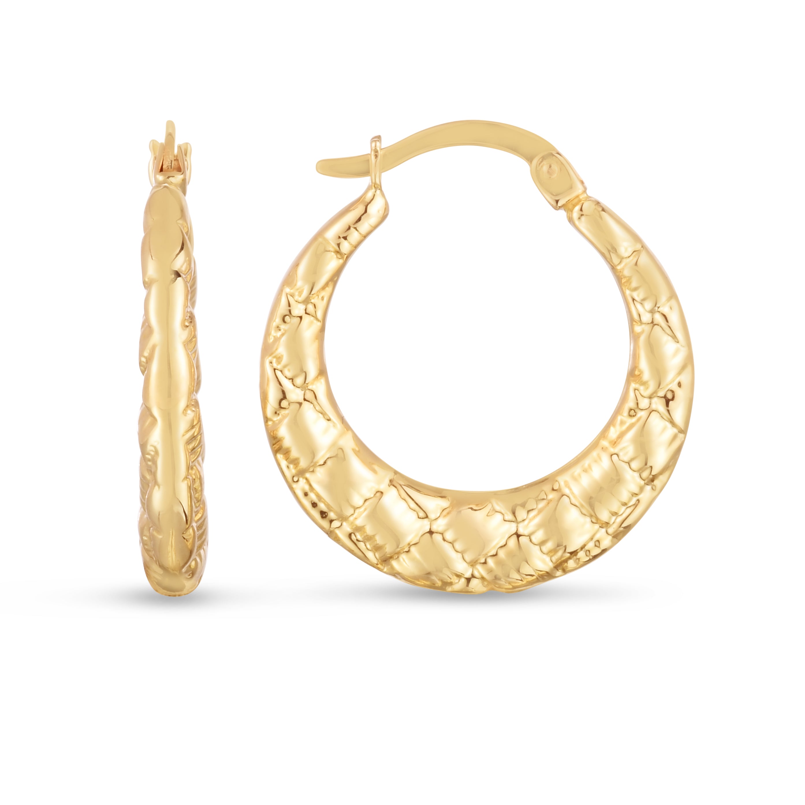14K Yellow Gold Puffed Hoops with Checkerboard Pattern and Hinged Clasp