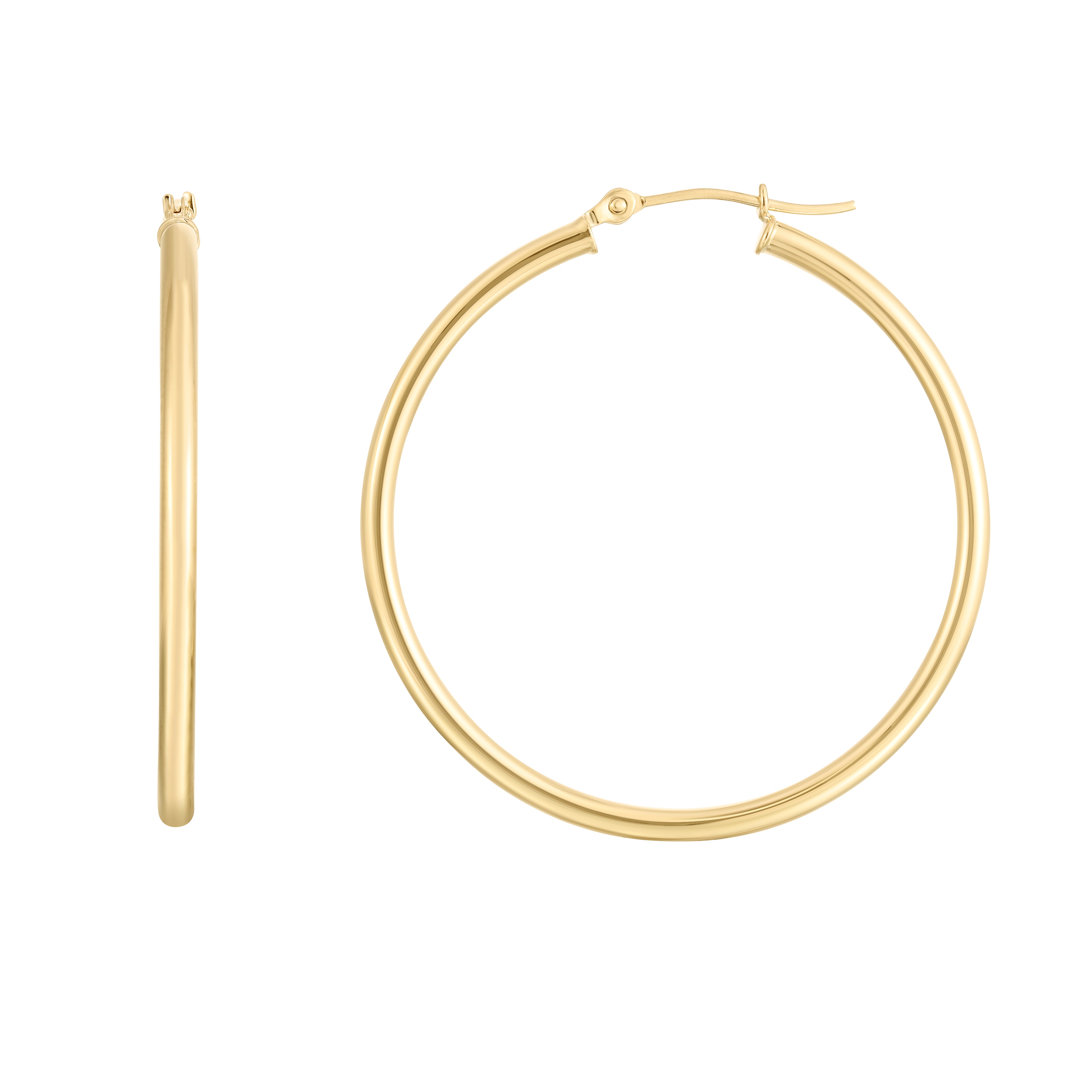 14K Yellow Gold Polished Round Hoop Earrings with Hinged Clasp