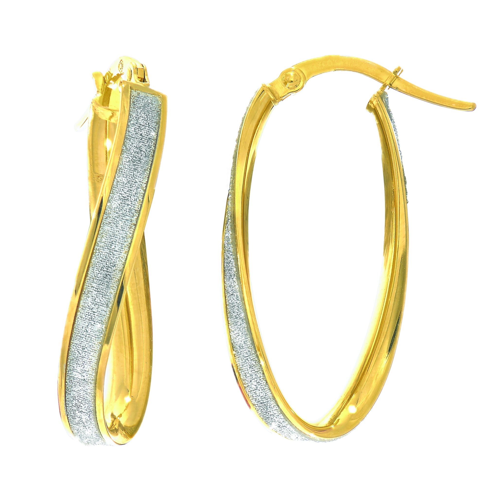 14K Yellow Gold Twisted Oval Glitter Hoop Earring
