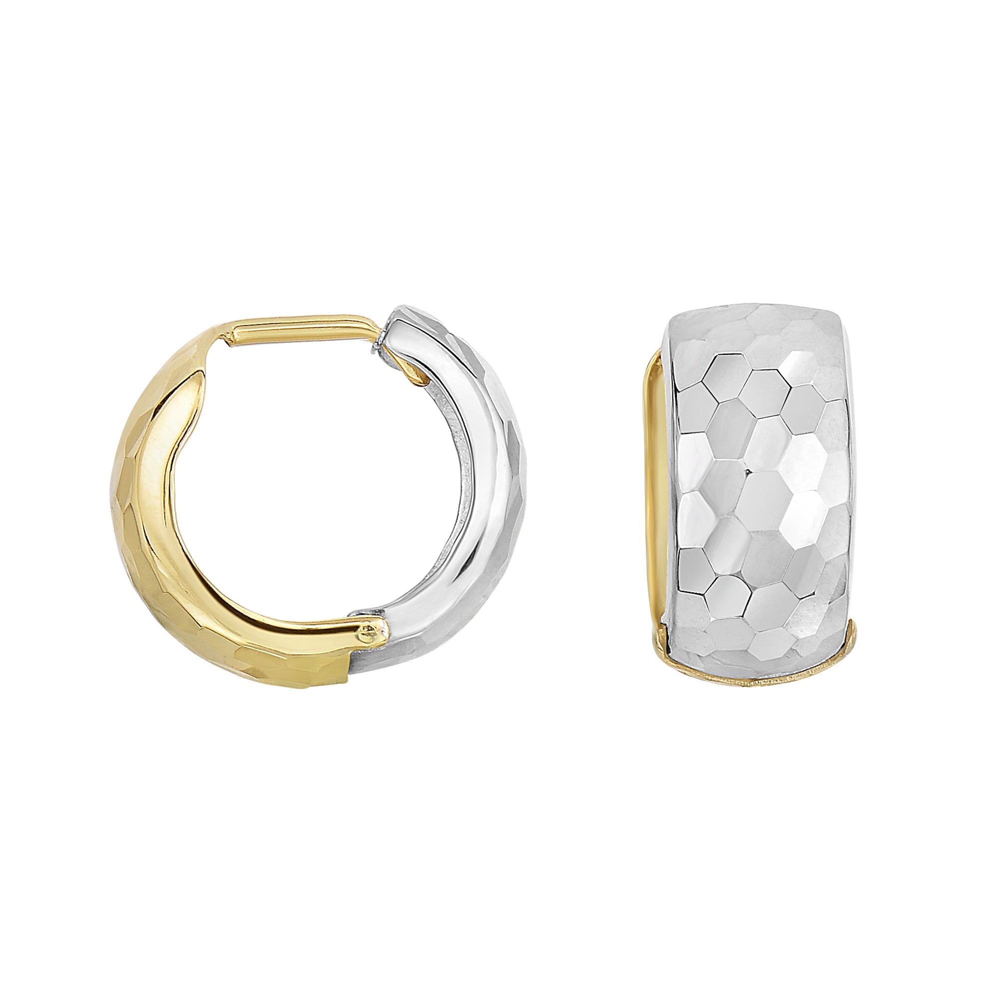 14K Yelllow & White Gold Reversible Hammered Huggie Earring