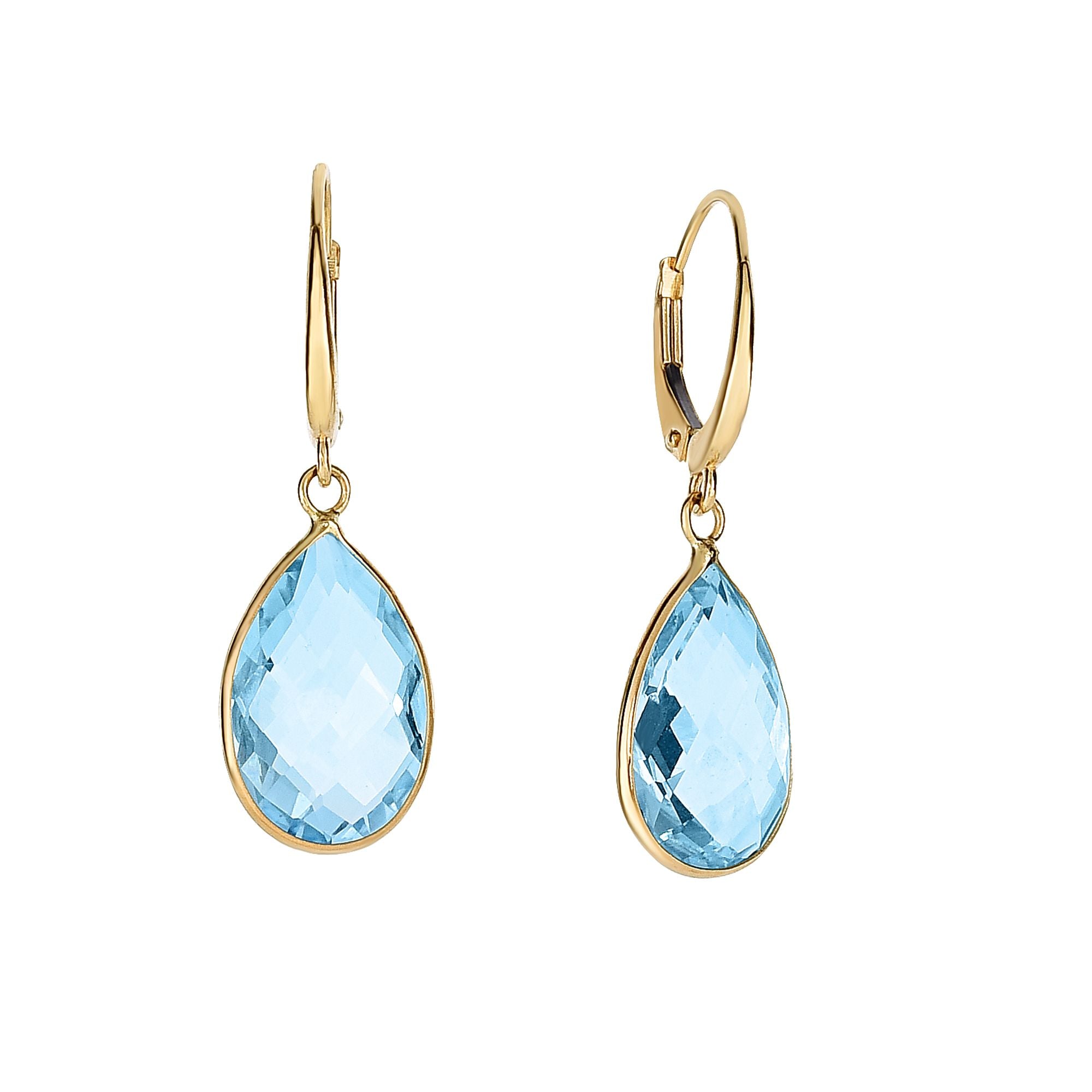 14K Yellow Gold  Blue Topaz Pear Drop Earrings