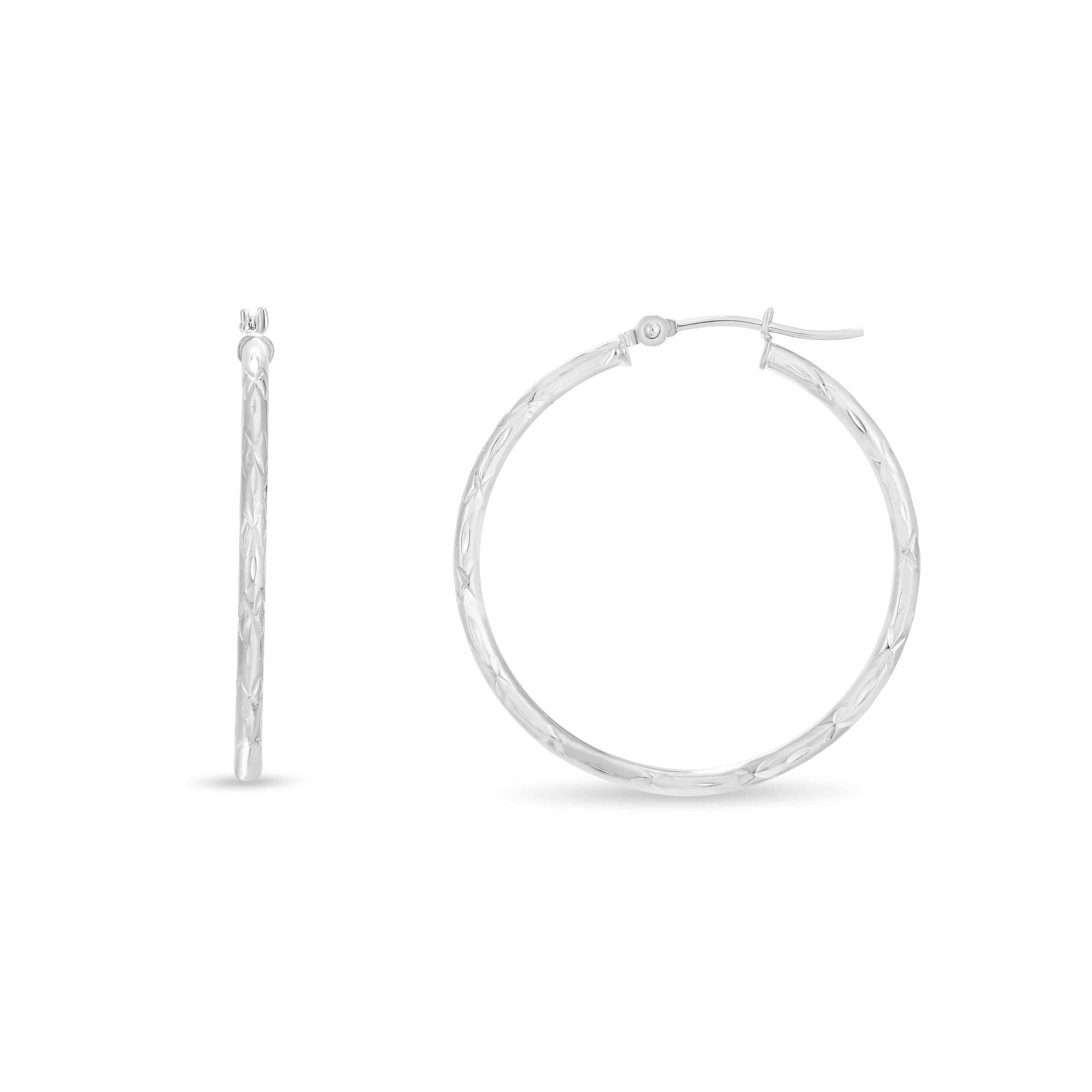 14K White Gold 2X30Mm Diamond Cut Hoop Earring