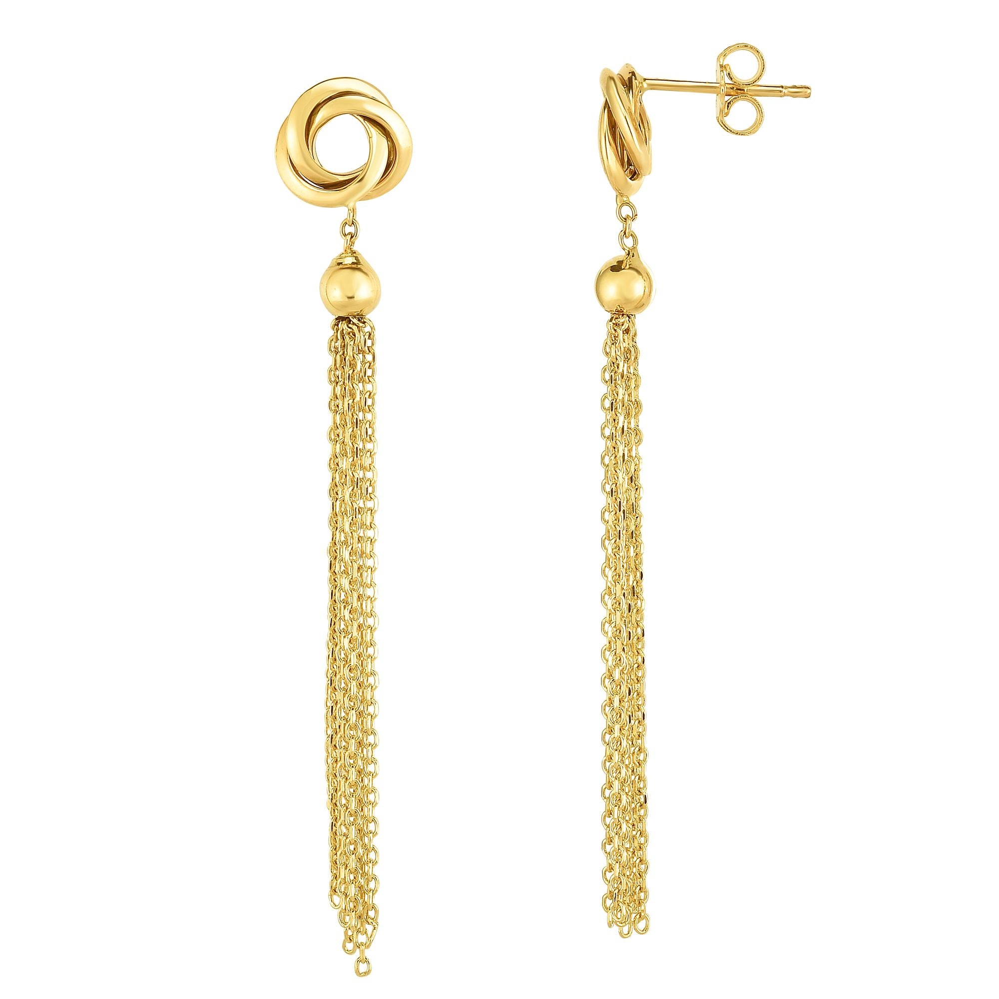 14K Yellow Gold Multi Chain With Love Knot Linear Drop Earring