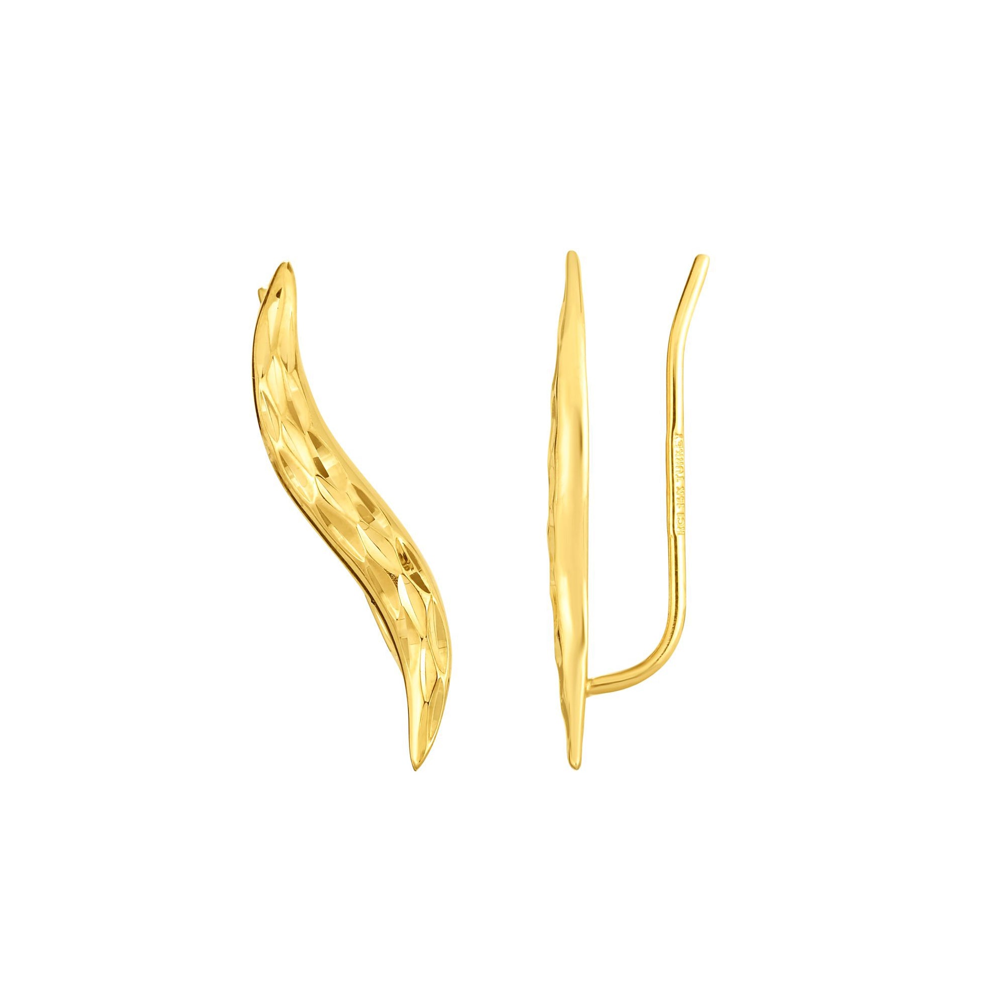 14K Yellow Gold Diamond Cut Curved Ear Climber