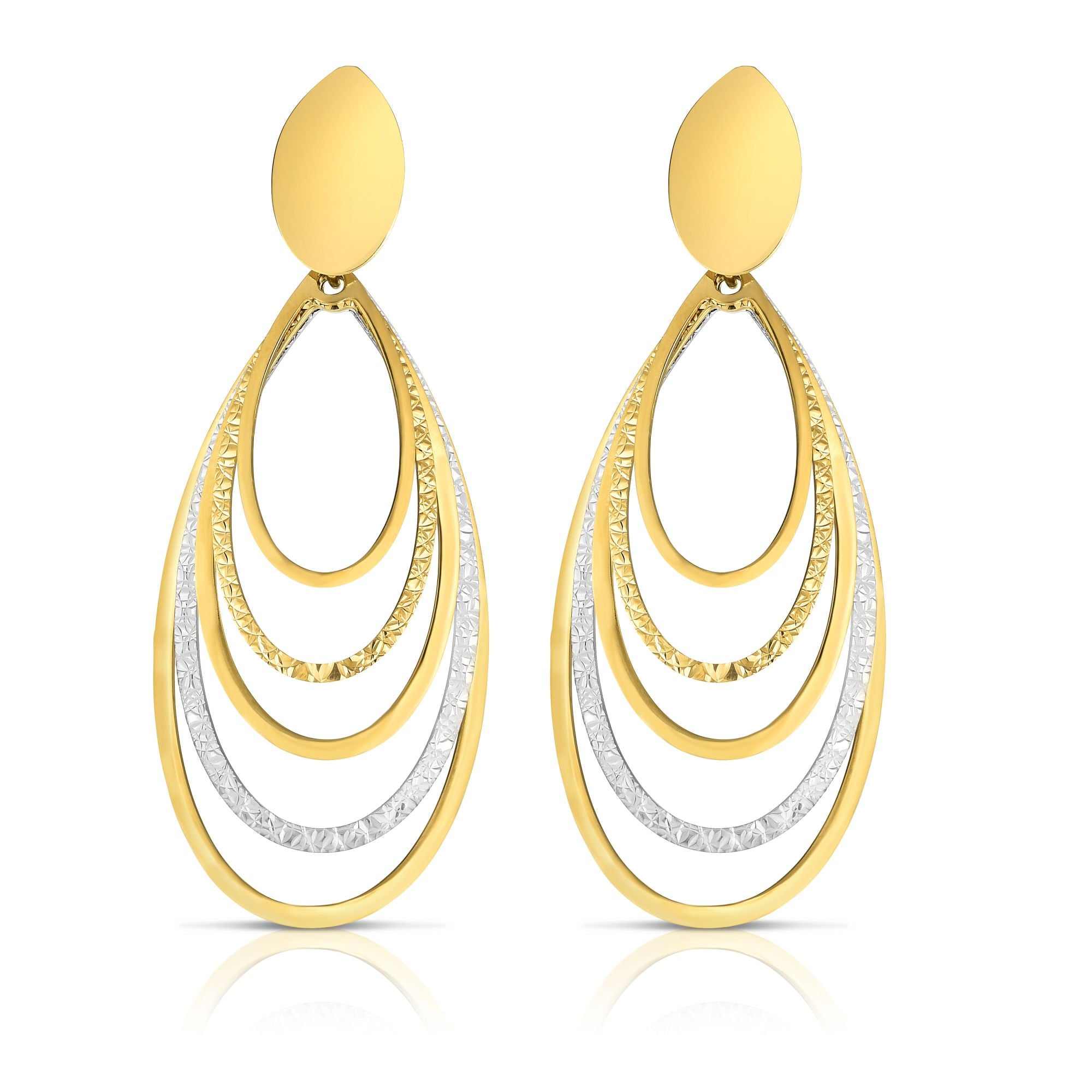 14K Yellow & White Gold Diamond Cut & Polished Oval Multi-Layered Dangle Earring