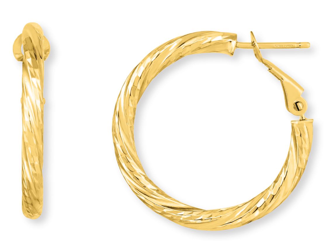 14K Yellow Gold Diamond Cut Large Omega Back Hoop Earring