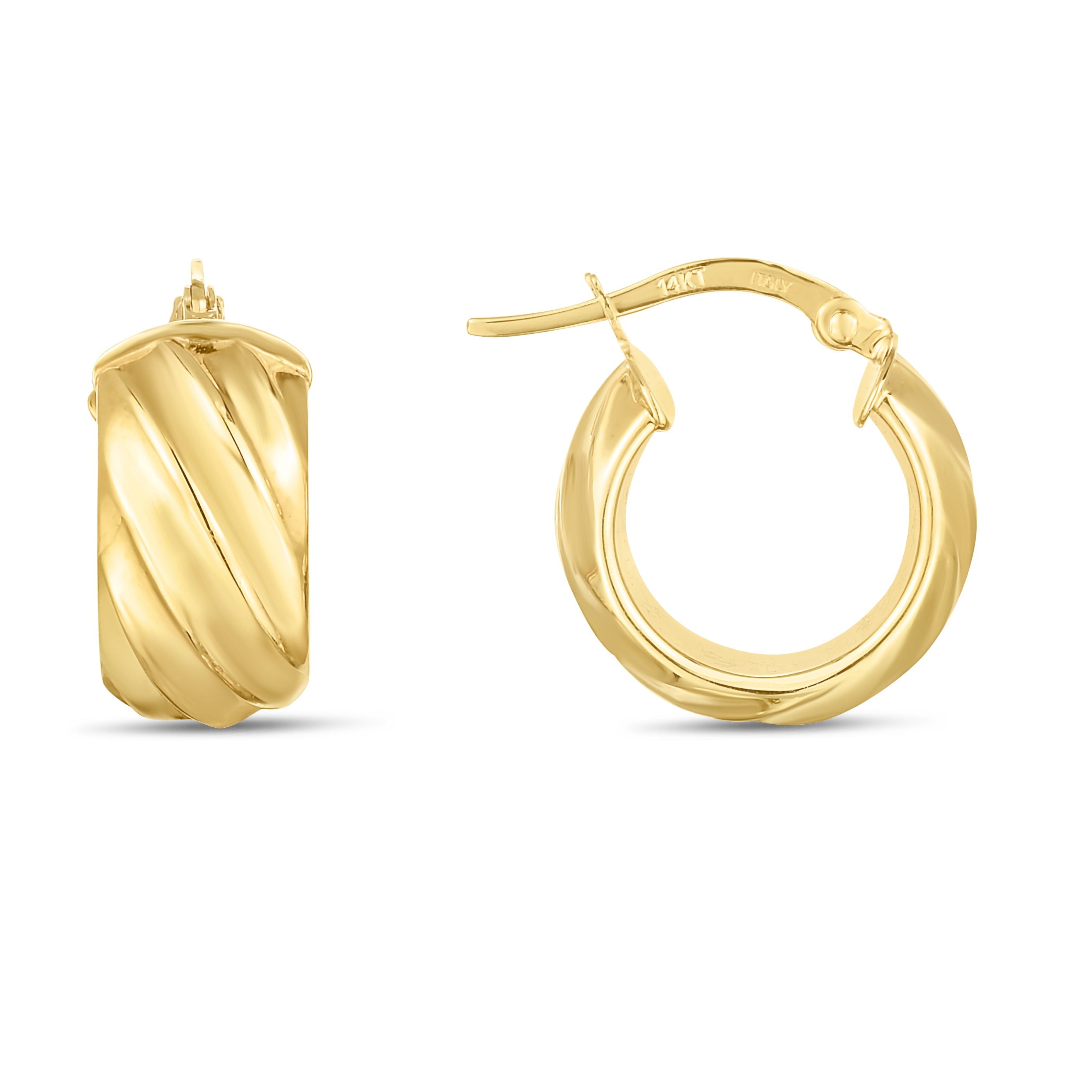 14K Yellow Gold Wide Ribbed Hoop Earrings With Hinged Clasp