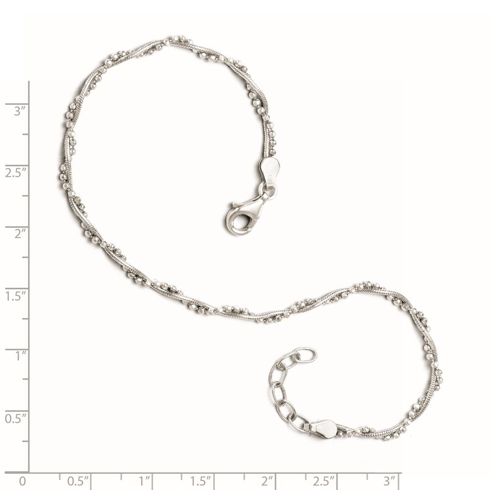 Sterling Silver Rhodium-plated Twisted Bead 9in + 1in ext. Anklet