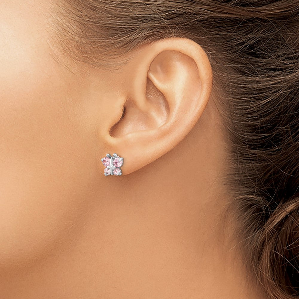 14k White Gold Madi K Polished Pink CZ Butterfly Post Earrings