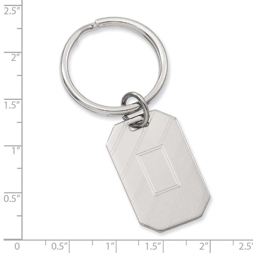 Rhodium-plated Kelly Waters Etched Diagonal Lines with Engravable Area Key Ring