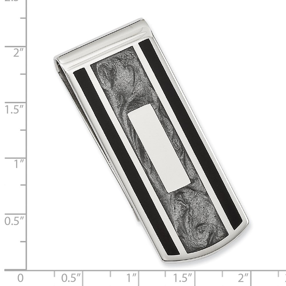 Rhodium-plated Kelly Waters Black and Grey Epoxy Money Clip with Engravable Area