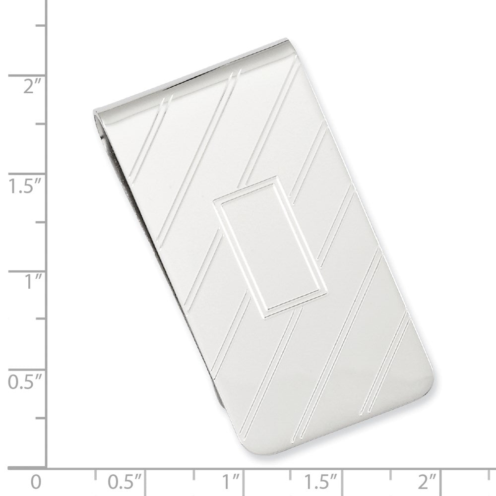 Rhodium-plated Kelly Waters Etched Diagonal Lines with Engravable Area Money Clip